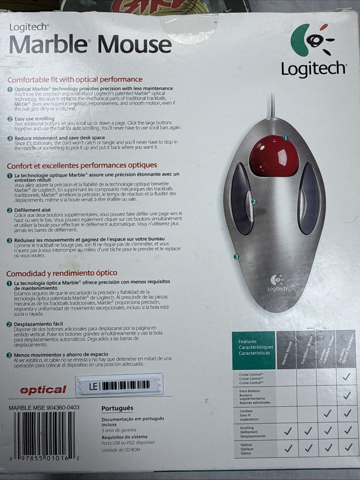 Logitech Marble Mouse Trackball Optical USB/PS/2 Wired Gray/Red