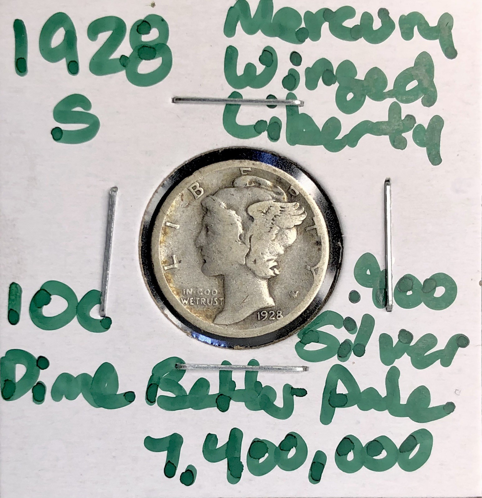 1928-S Mercury Winged Liberty 90% Silver Dime VG - Better Date Only 7.4m