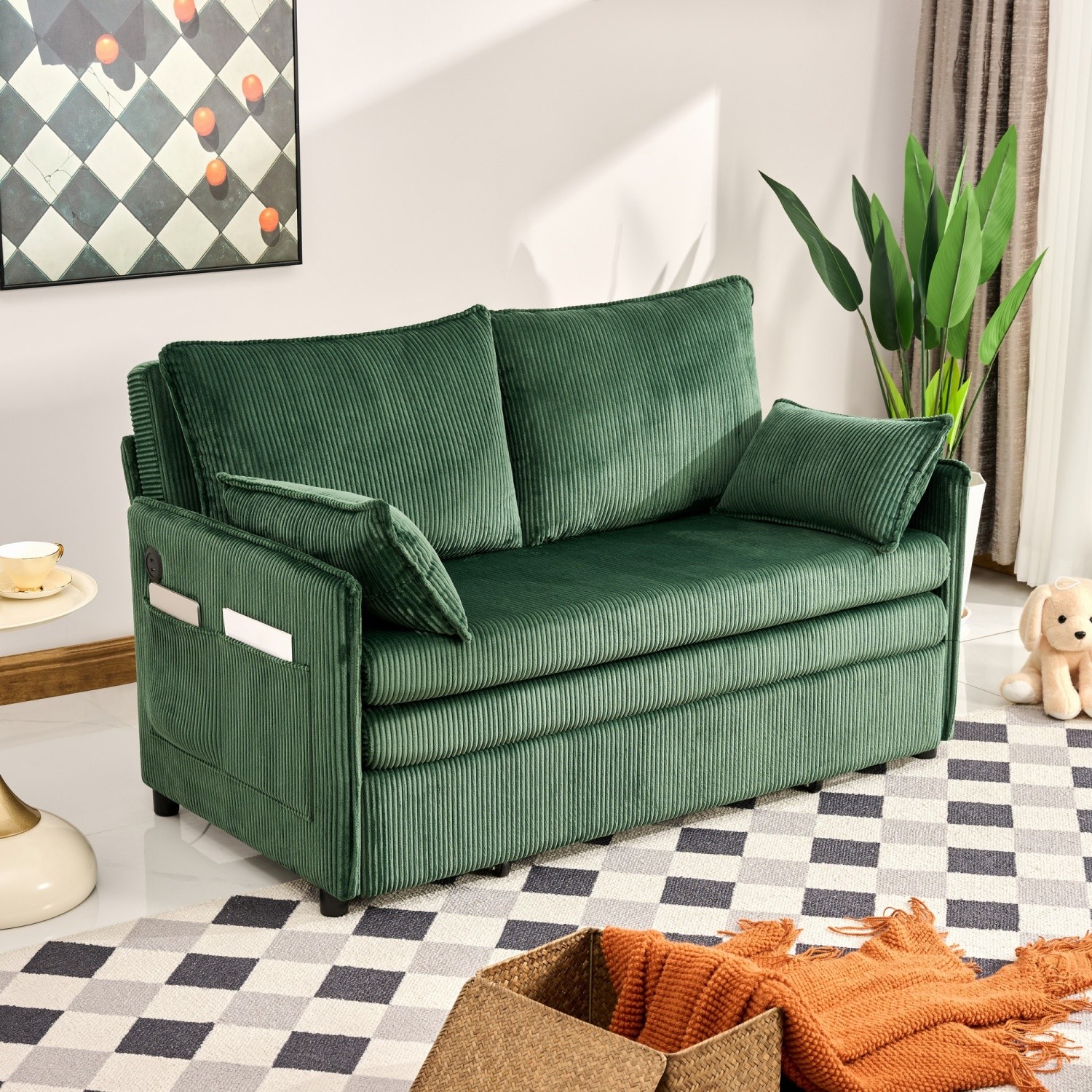 Green/Gray Pull Out Sofa Bed 3-in-1 Sleeper Sofa Convertible Couch with USB Port