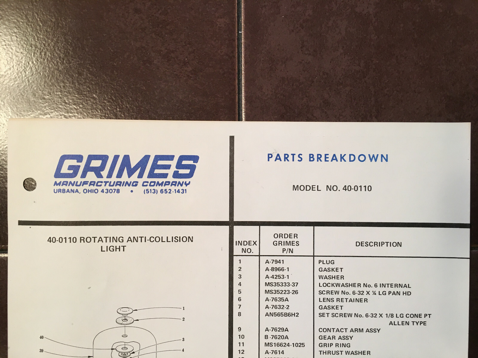 Grimes 40-0110 Parts Breakdown Instruction Sheet
