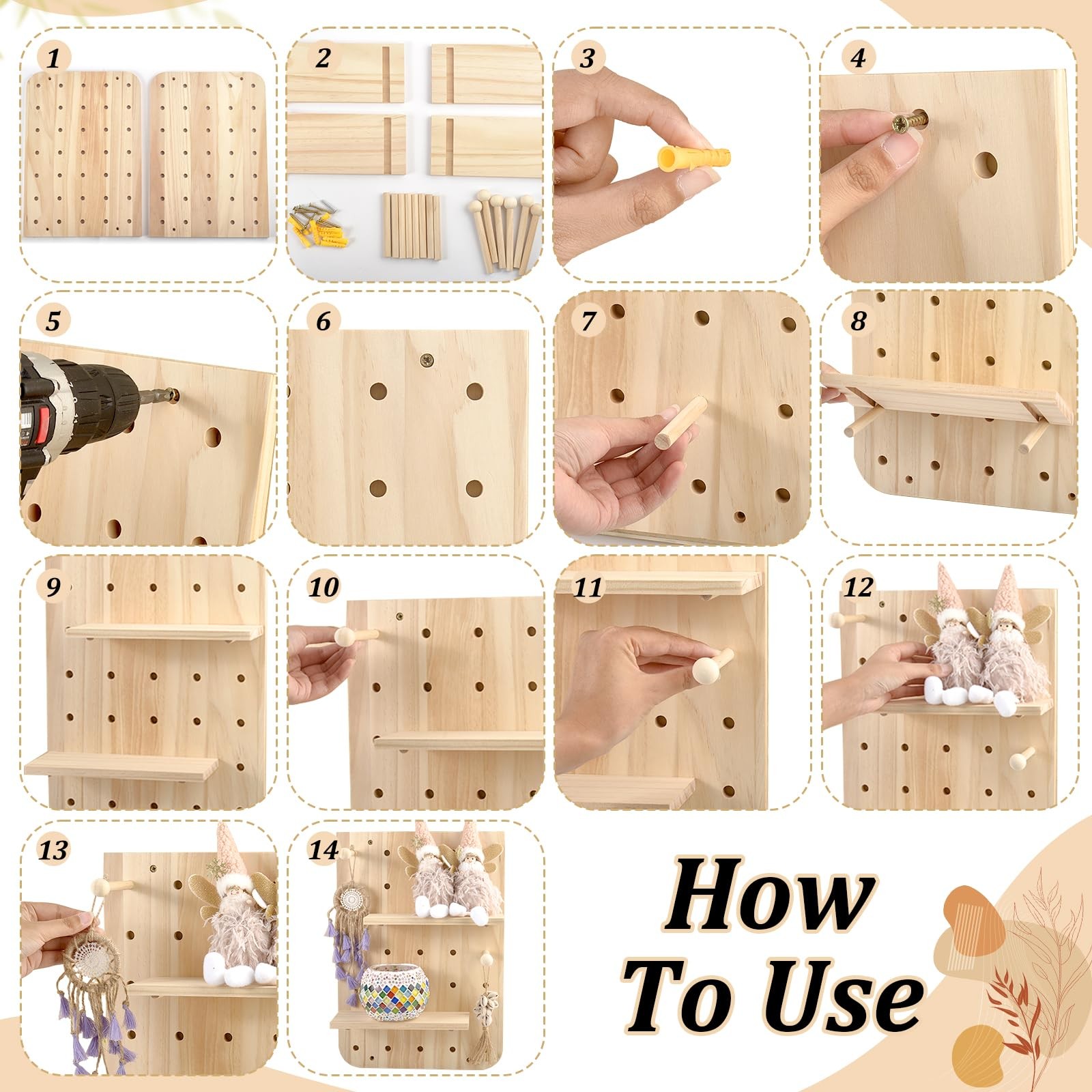 2 PCS Wood Pegboard Wall Organizer Combination Kit 18 Accessories Panel Display