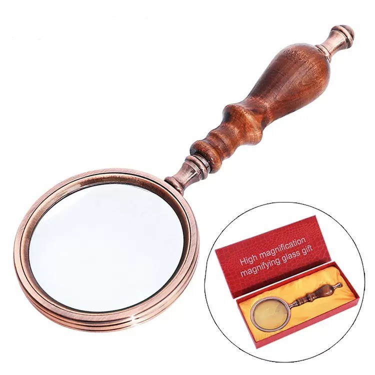 Antique Style 10X Magnifying Glass with Wood Handle Brass Handheld Magnifier