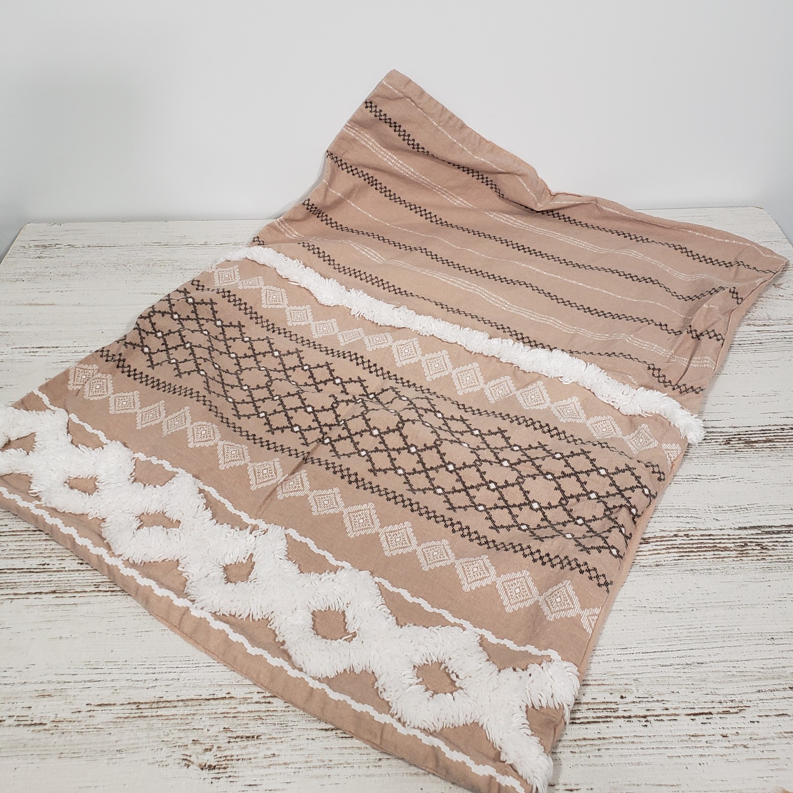 Ink & Ivy Tan Grey cotton Pillow Sham with Fringe Details Geometric Pattern