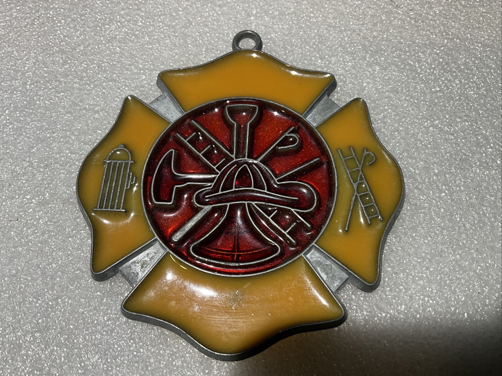 Fire Department Sun Catcher HANGING ORNAMENT  3 1/4" " Diameter  PEWTER ENAMEL