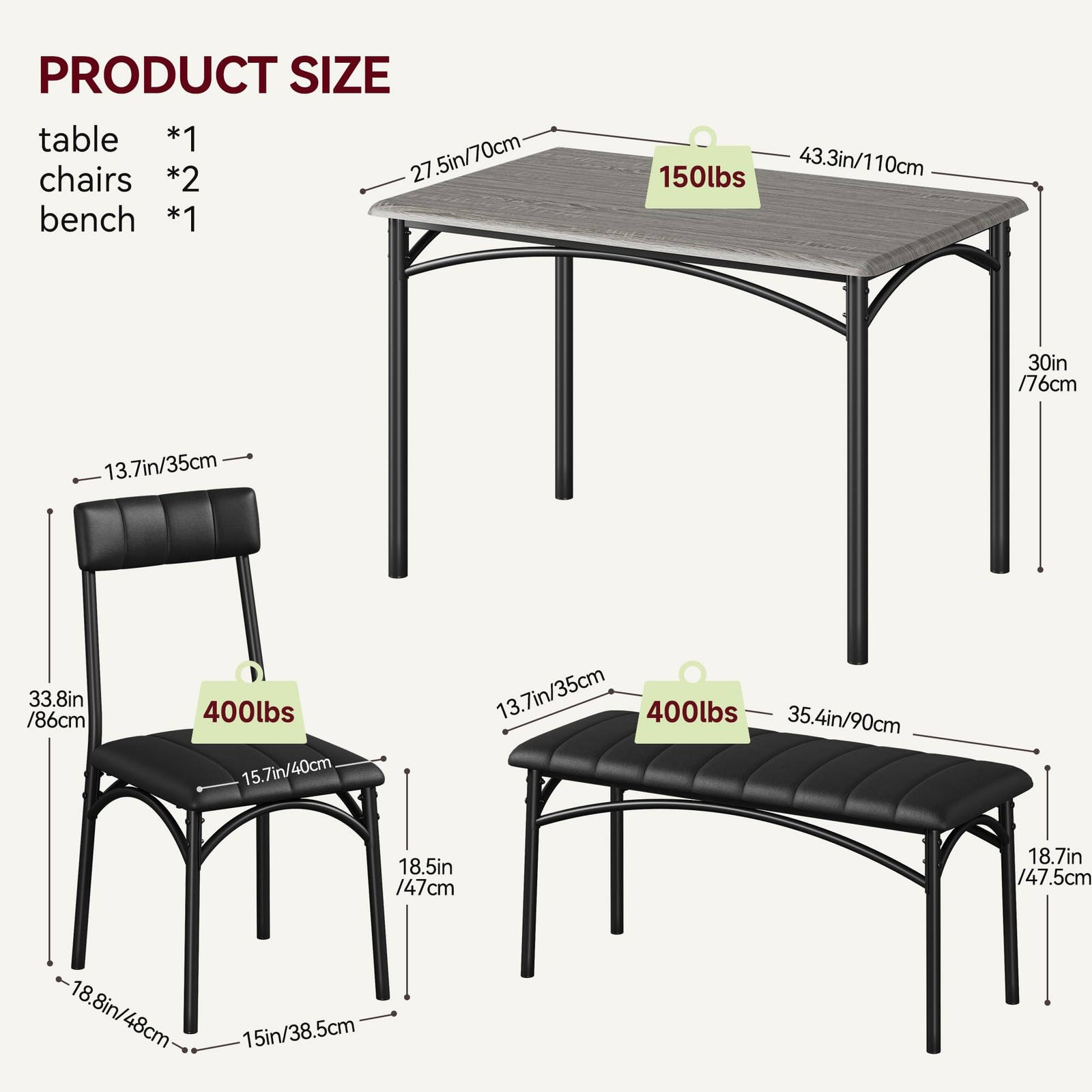 Upholstered Chairs & Bench Dining Set 4-Person Rectangular Kitchen Table Home