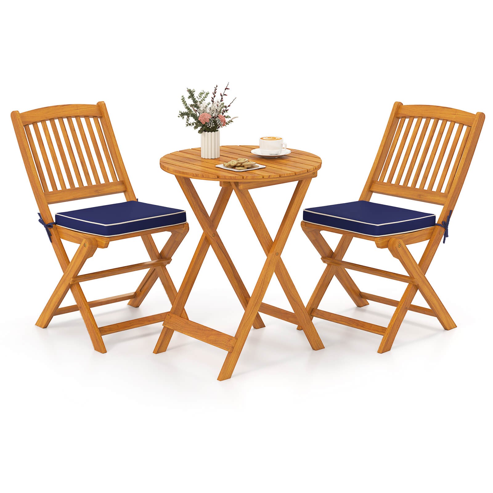 3 PCS Acacia Wood Patio Bistro Set Folding Table & Chairs Set w/ Cushions