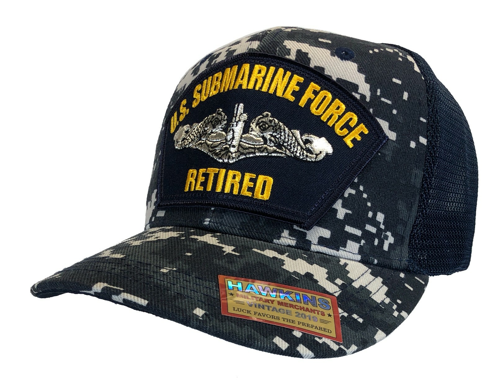 'RETIRED' U.S. Submarine Force Veteran Hat Digital Blue Trucker Mesh Back