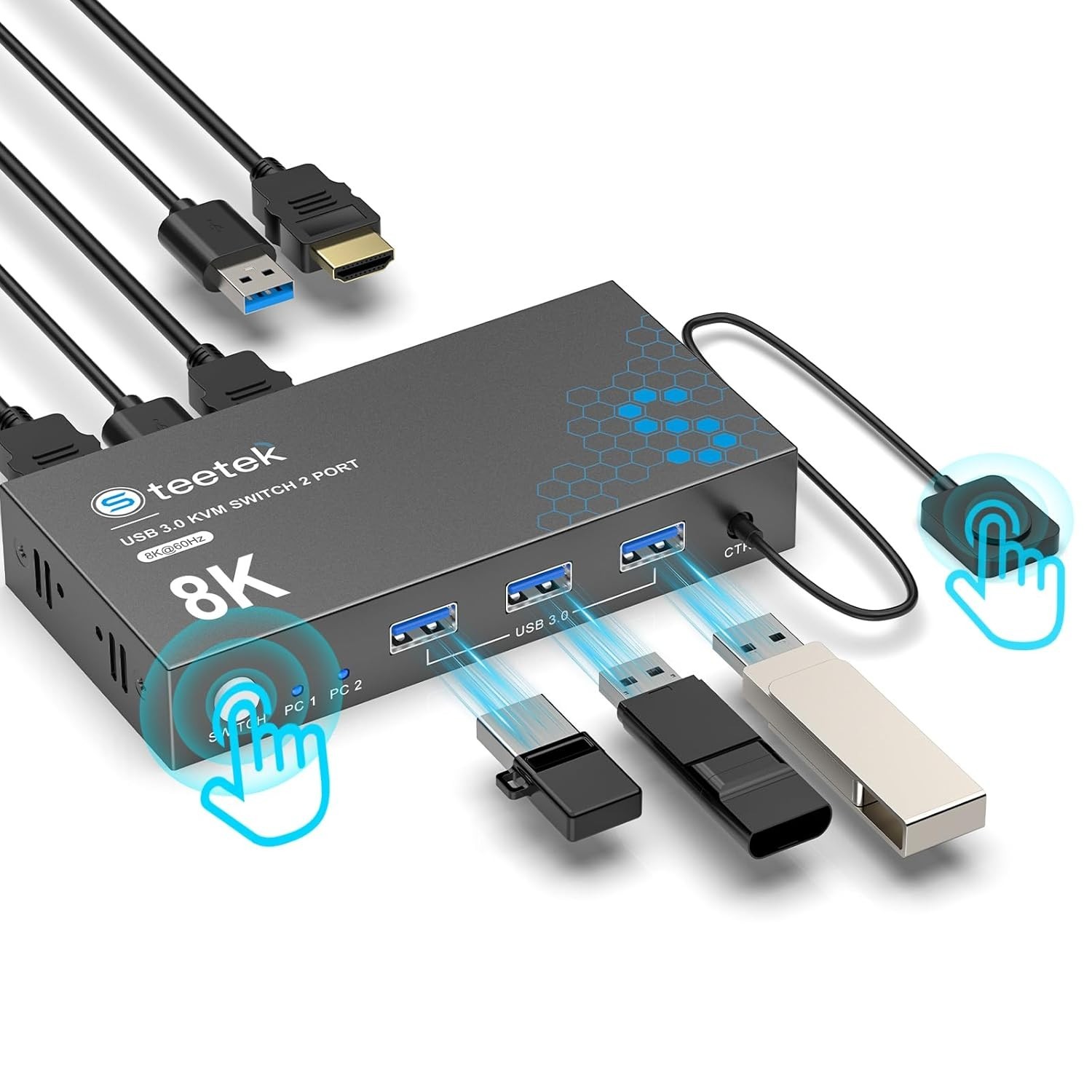 USB 3.0 HDMI KVM Switch 1 Monitor 2 Computers, 8K@60Hz KVM Switches for 2 Comp..