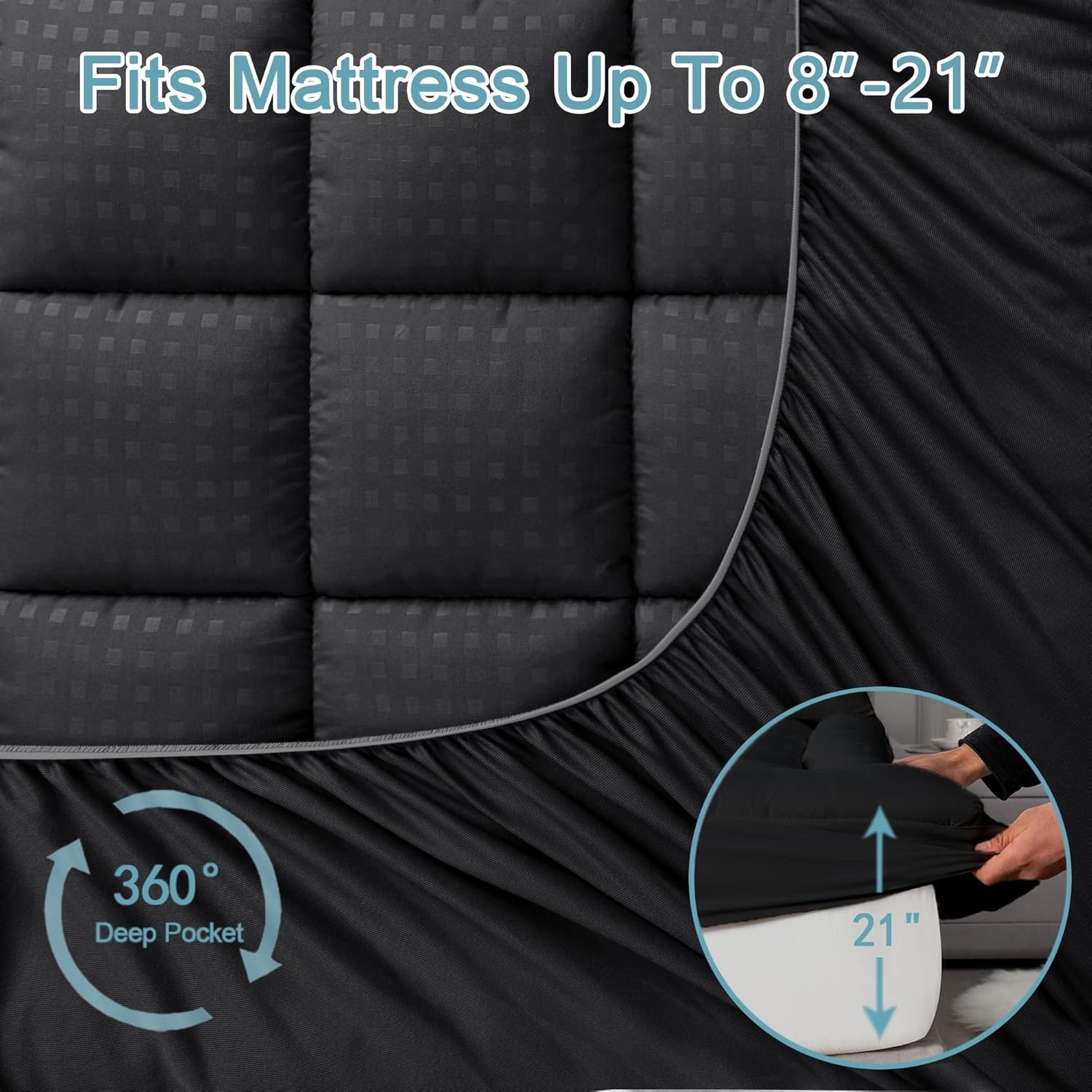 HYLEORY Queen Mattress Pad Quilted Fitted Protector Queen, Black