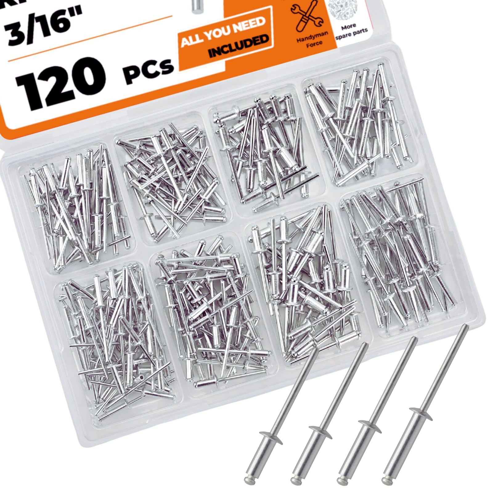 120pcs 4 Sizes 3/16" Pop Rivets Assortment Kit,Aluminum Dome 3/16, Silver Set