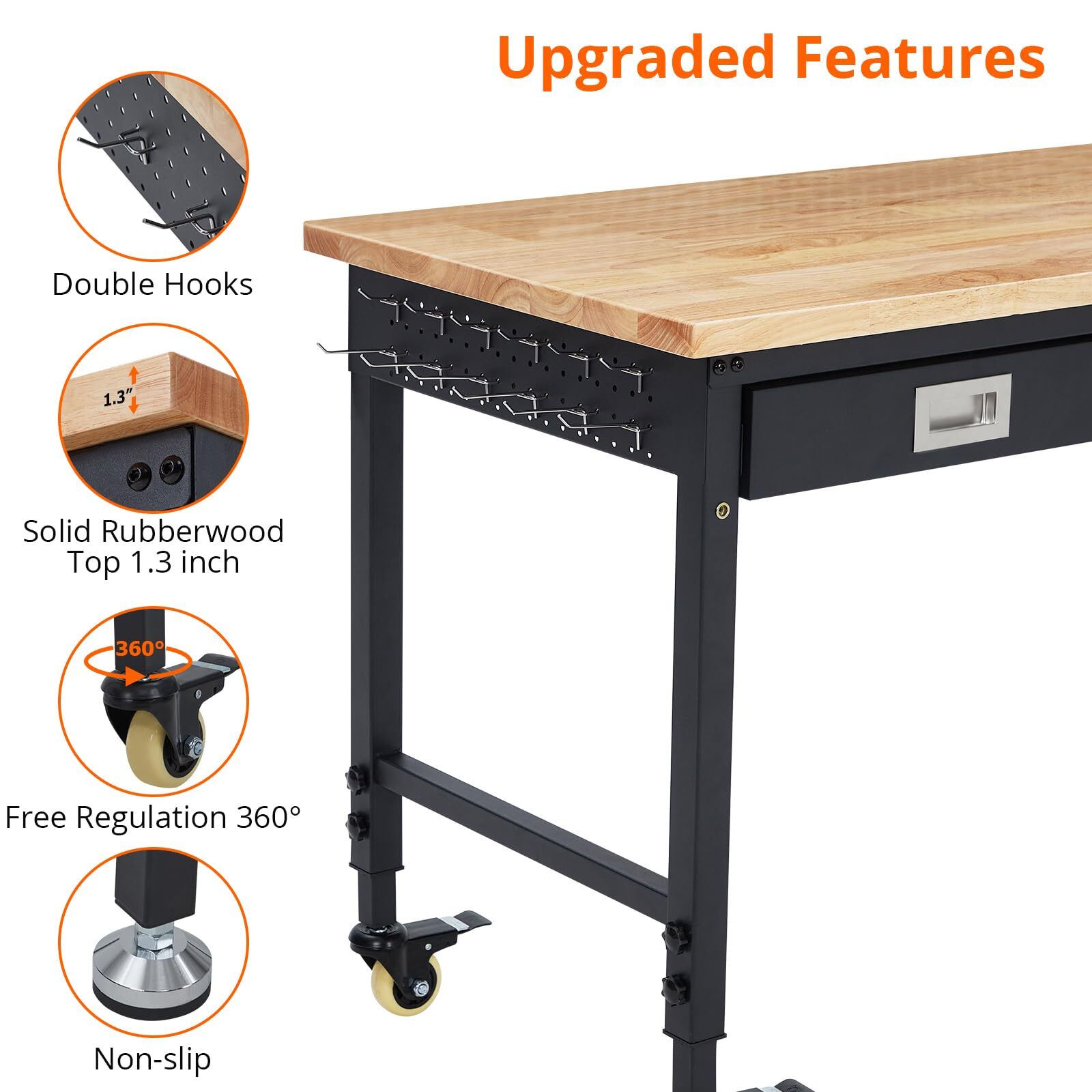 48"x24" Rolling Workbench with Power Outlet, Adjustable Height Rubber Wood Top
