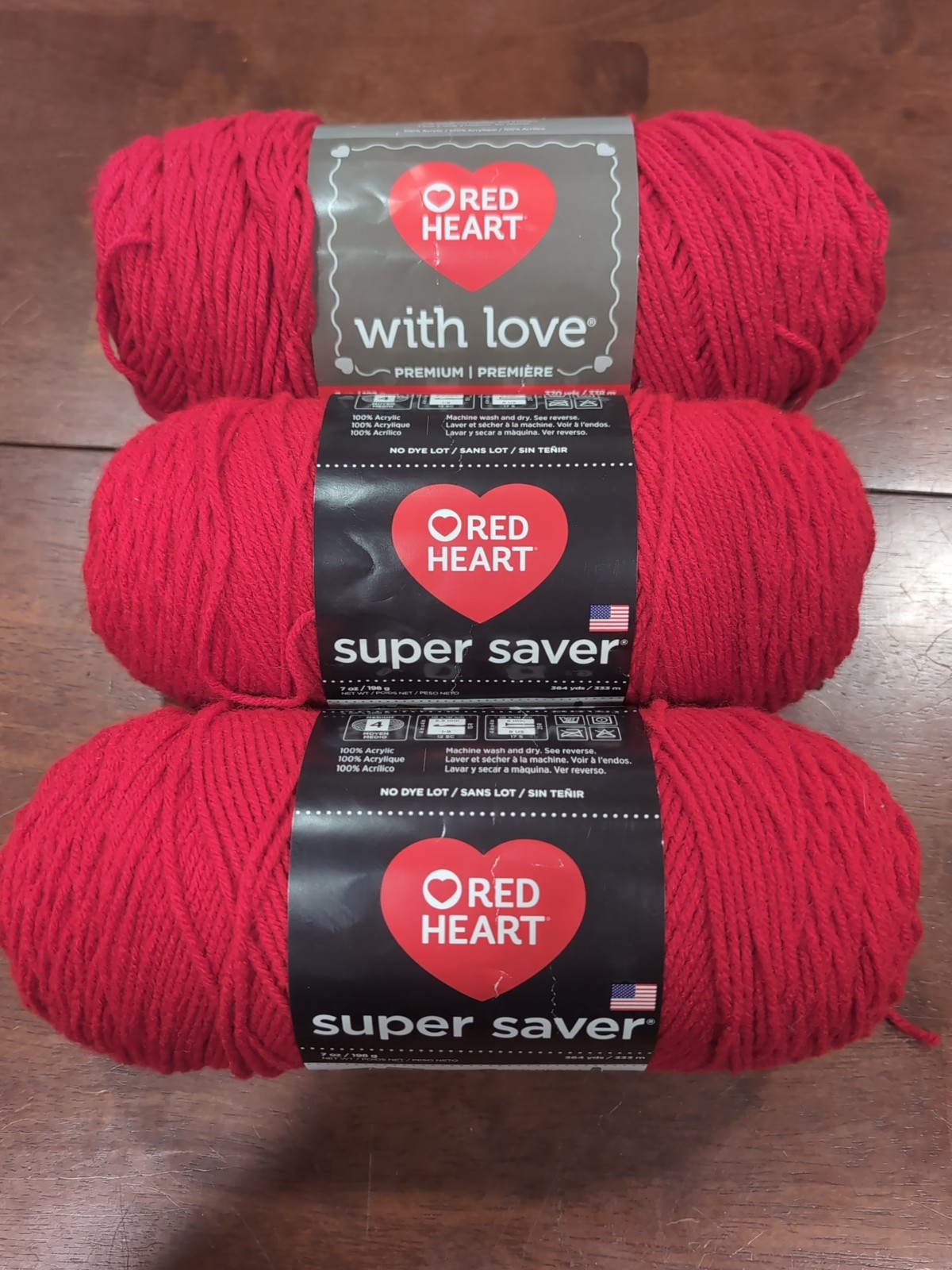 Lot of  3 (2) Red Heart Super Saver Cherry Red (1) Red Heart w/ Love Holly Berry