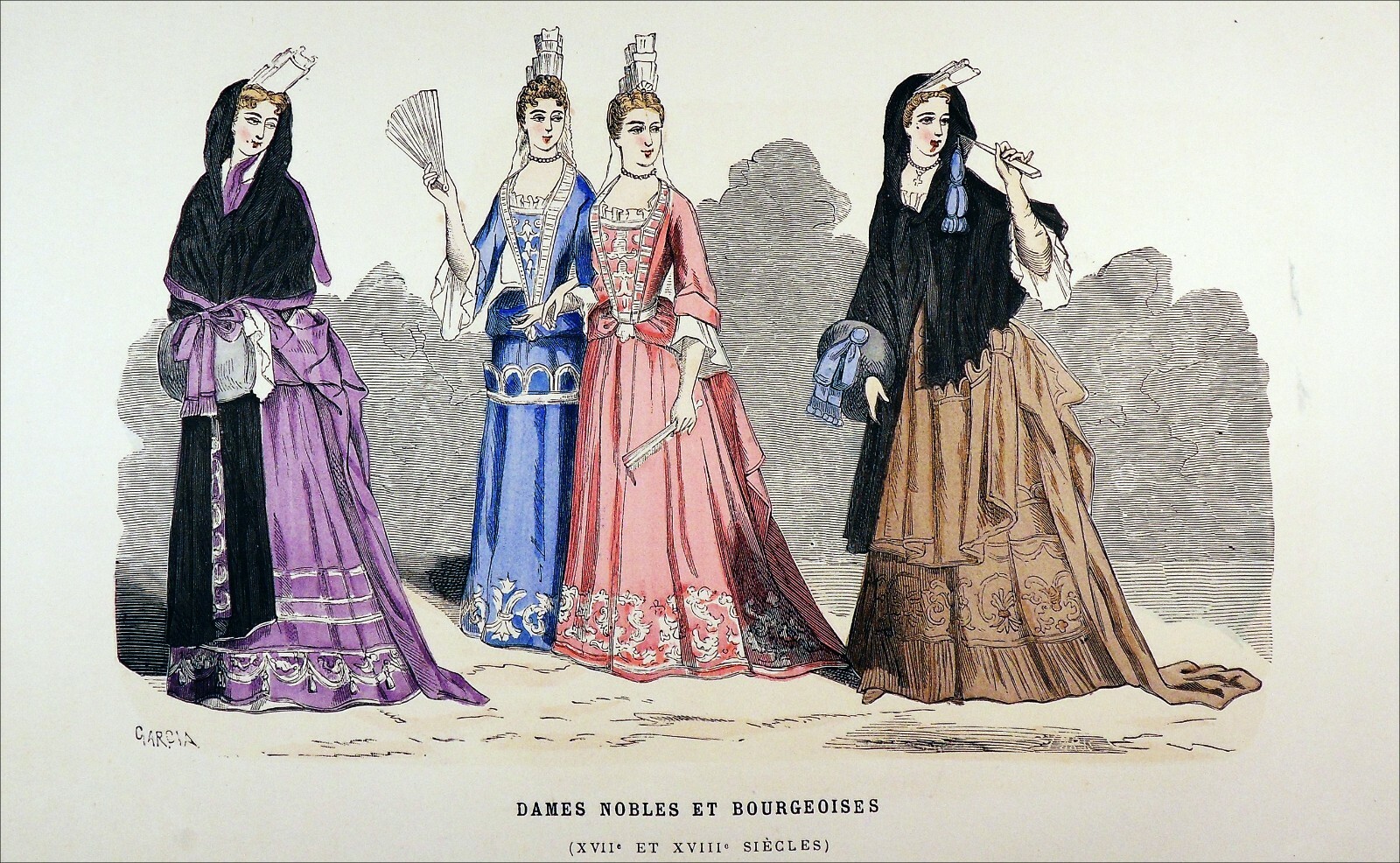 FRENCH NOBLE LADIES & BOURGOISES (in 17th & 18th century)- Engraving from 19th c