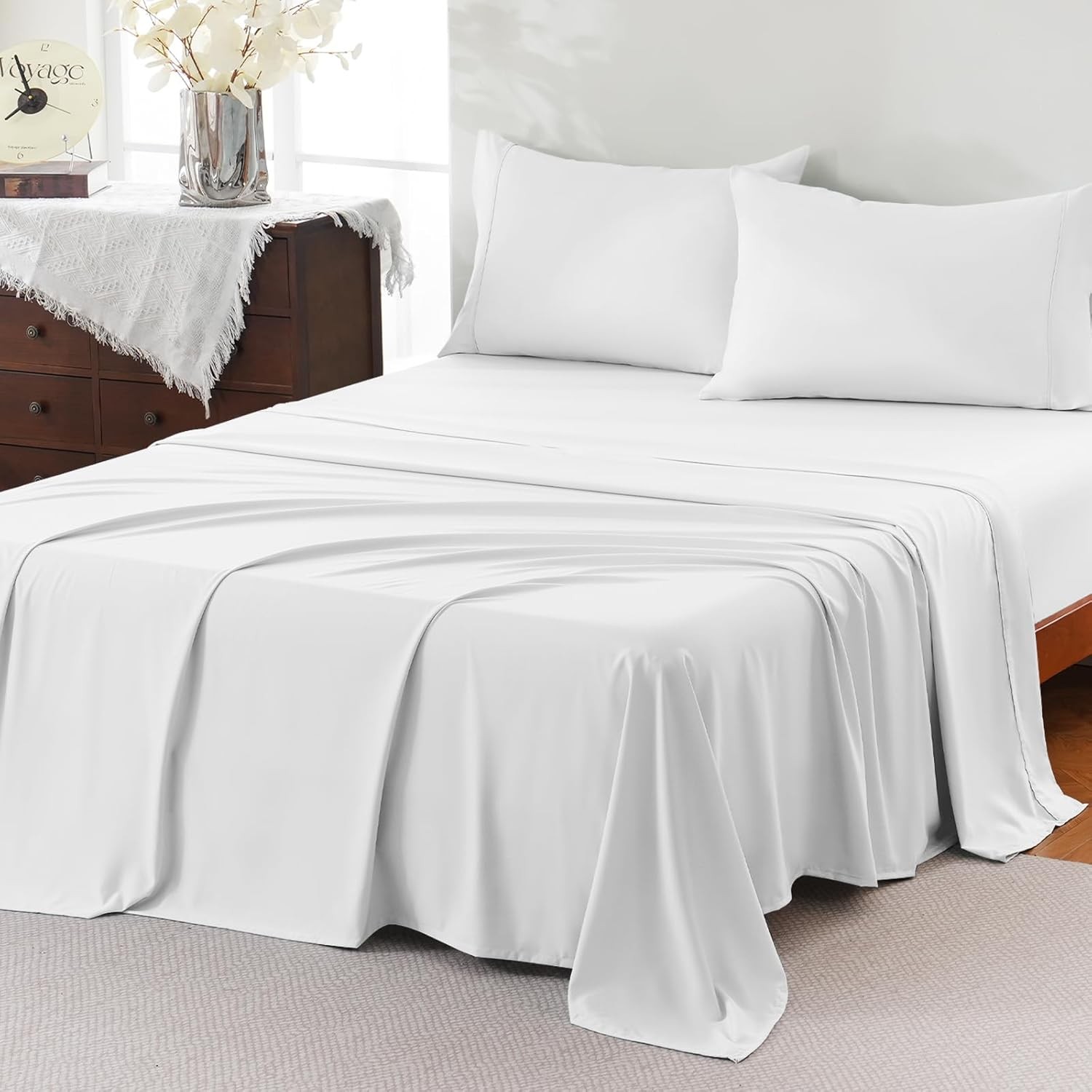 Full Sheet Set,4 Pieces Hotel Luxury Breathable Soft Microfiber Bedsheets Anti