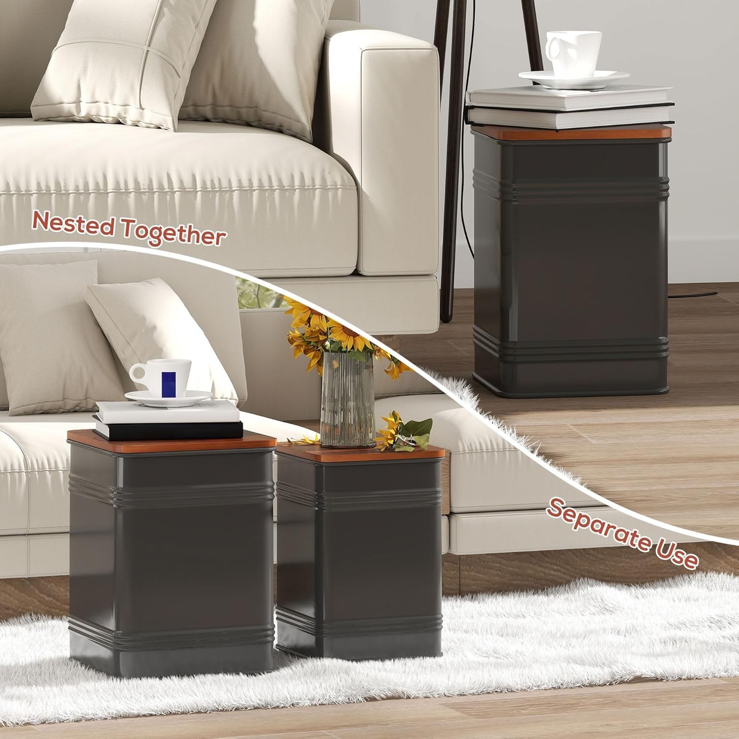 Ottoman W/ Storage Set of 2 Industrial Accent Side Table W/ Removable Wood Lid