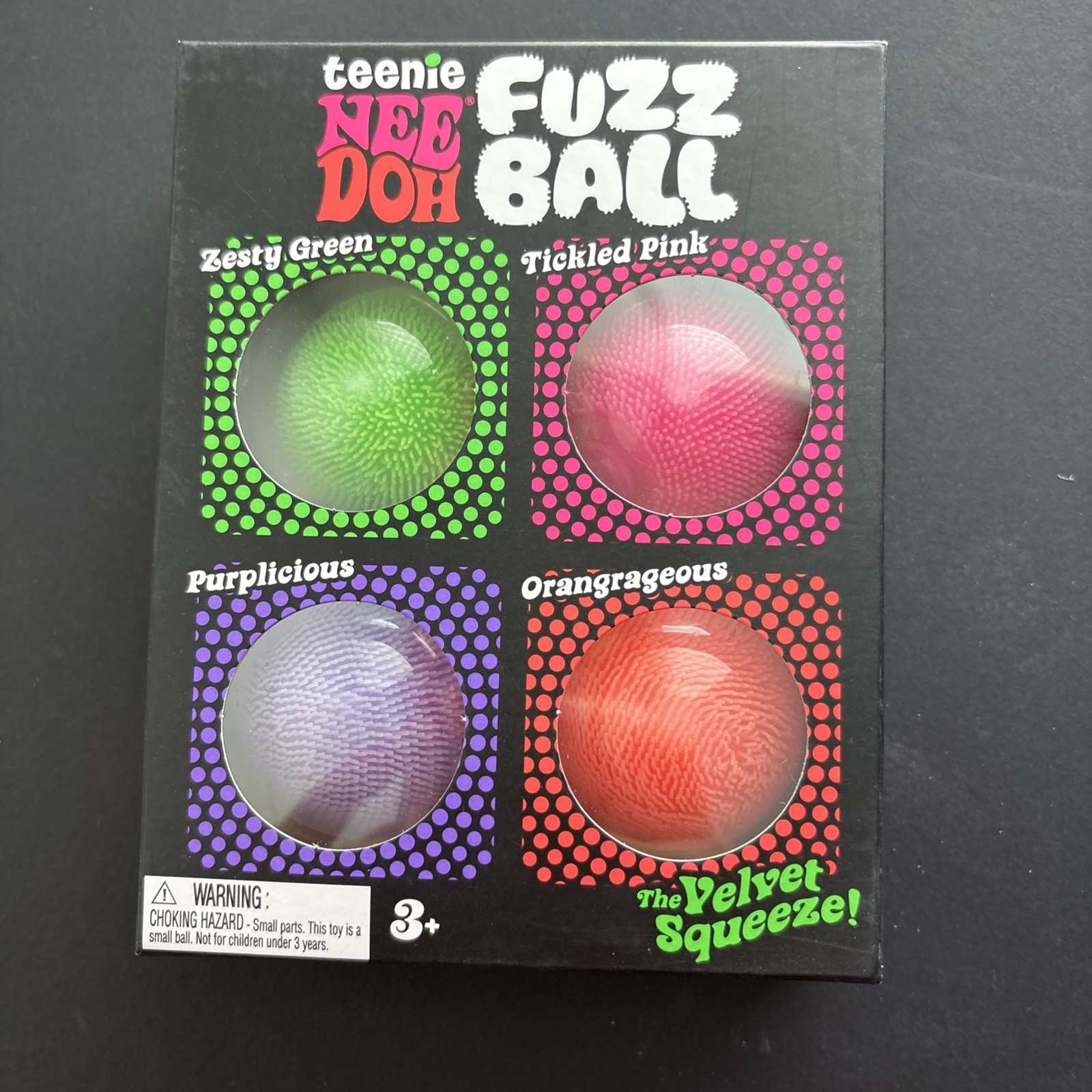 Nee Doh Fuzz Squeeze Ball Velvet Texture Green Pink Purple Orange Set