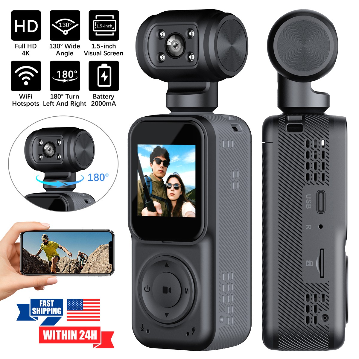 260° Dual Lens WiFi HD 4K/2K Replaceable Battery Action Mini Camera Video 128GB