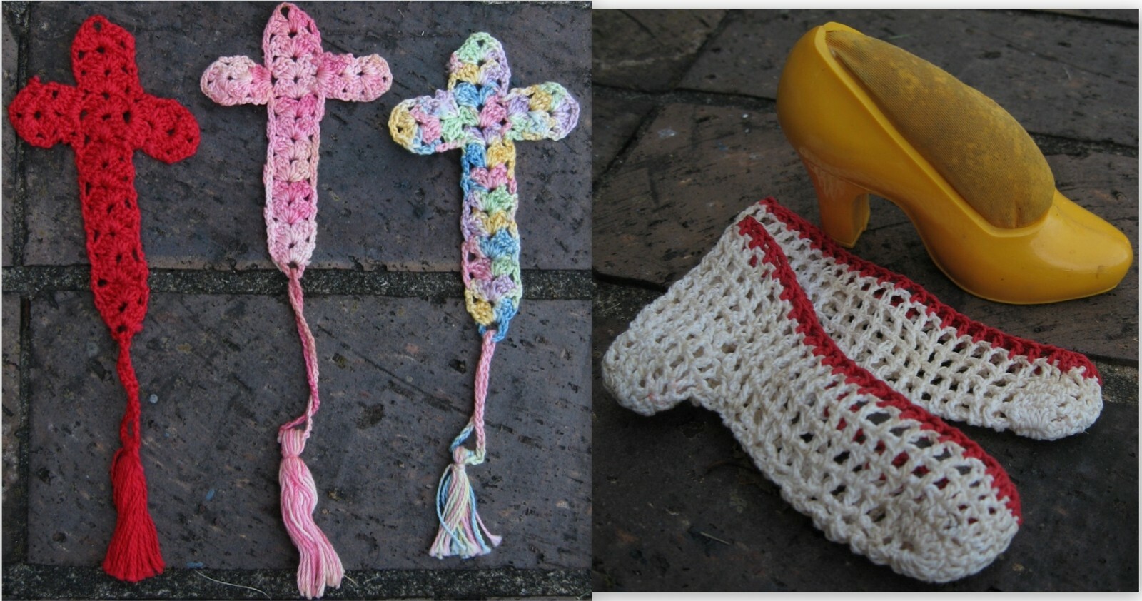 Vtg Crochet Shoe Form Pin Cushion Handmade Crosses Cross Tassel Ornament Lot Set