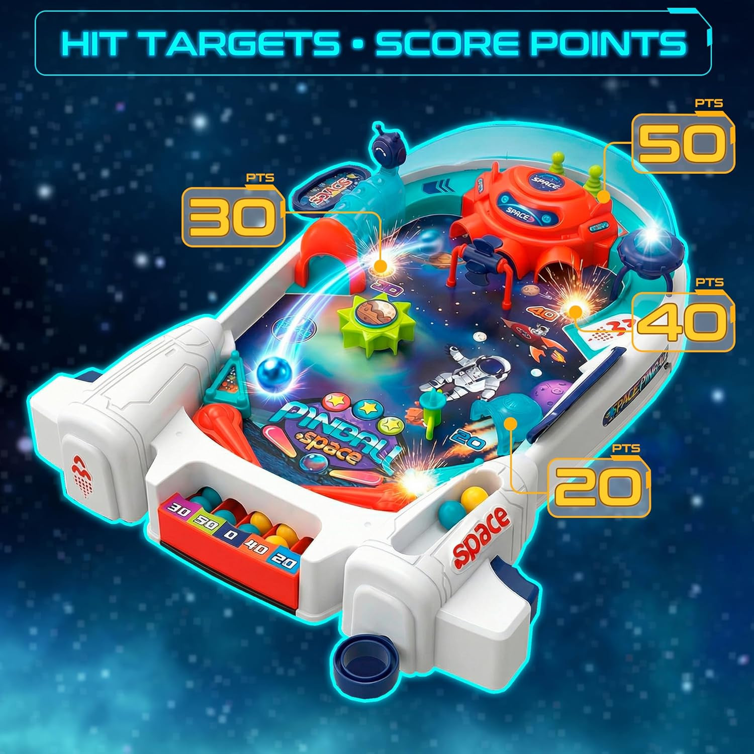 Space Pinball Machine — Tabletop Arcade Game with Obstacles, Pull-Rod Launcher,