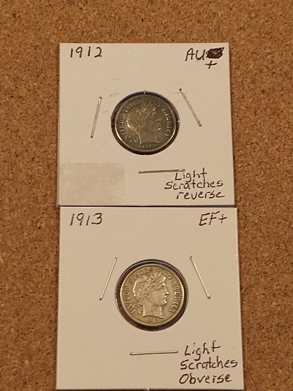 1912 AU+ and 1913 EF+ Silver Barber Dimes, Both w/Light Scratches