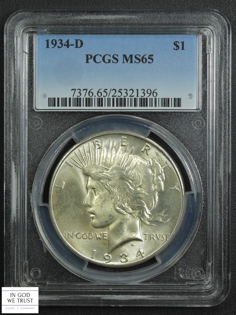 1934 D Peace Silver Dollar $1 PCGS MS 65