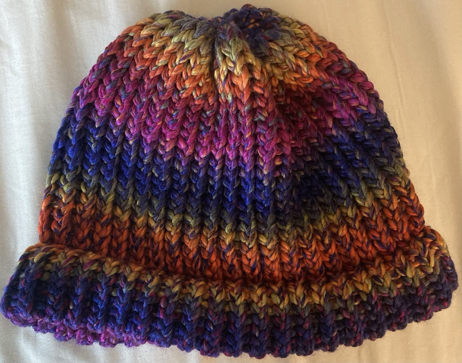 Handmade multicolor knit beanie hat for adults, 8-inch width