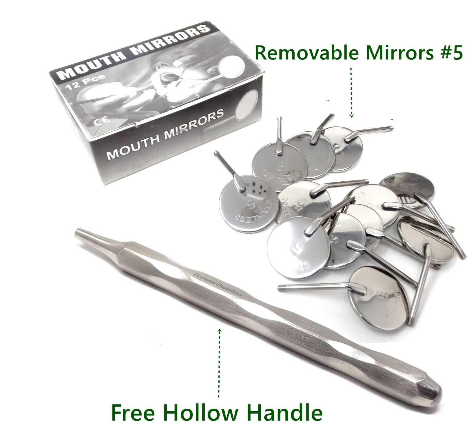 New Premium 12 x Dental Mouth Mirror Heads Simple STEM #5 Plain + Free Handle
