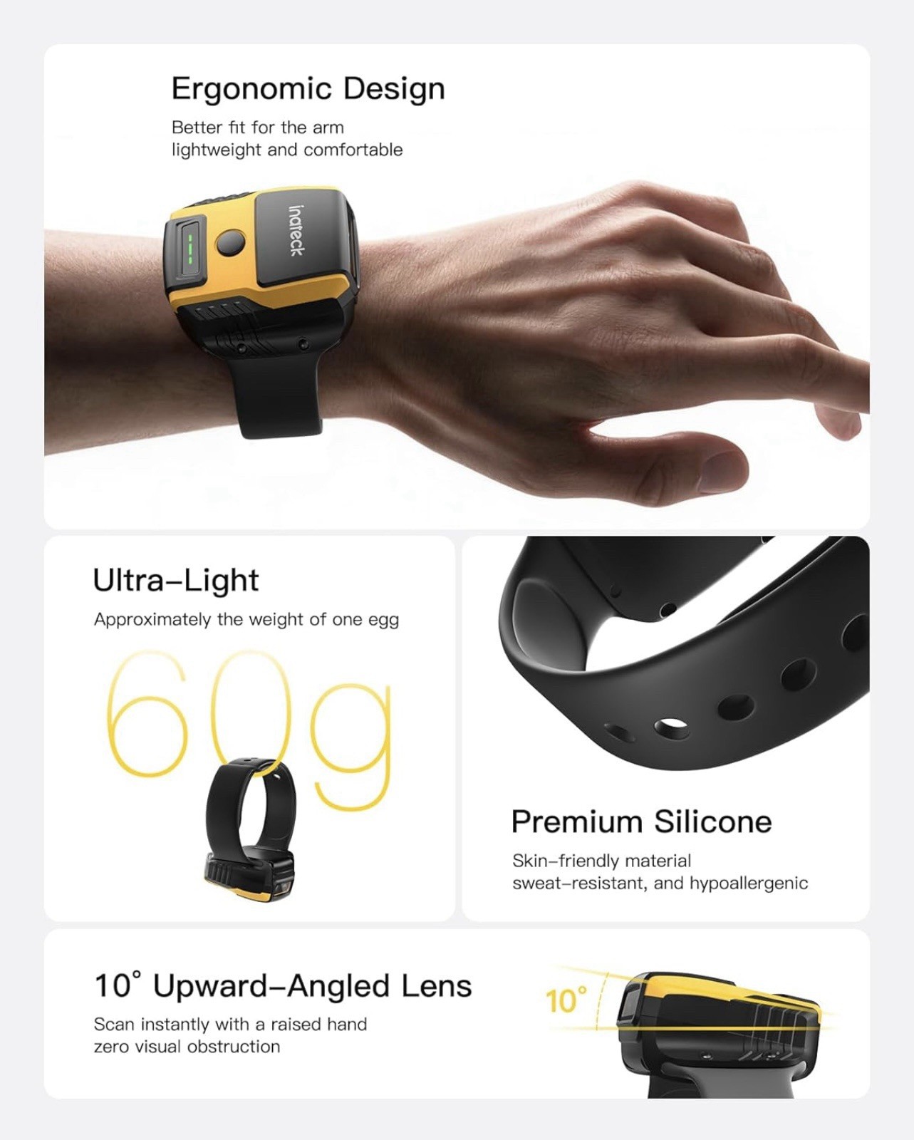 Wearable Hands Free Barcode Scanner Watch 2D QR Reader Wireless Bluetooth
