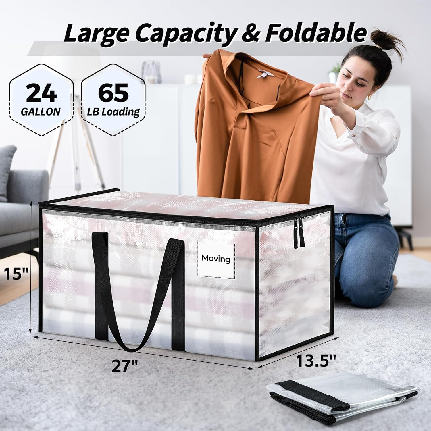 8 Pack Extra Large Heavy Duty Moving Bags, Clear Storage Bins with Lids, Reinfor