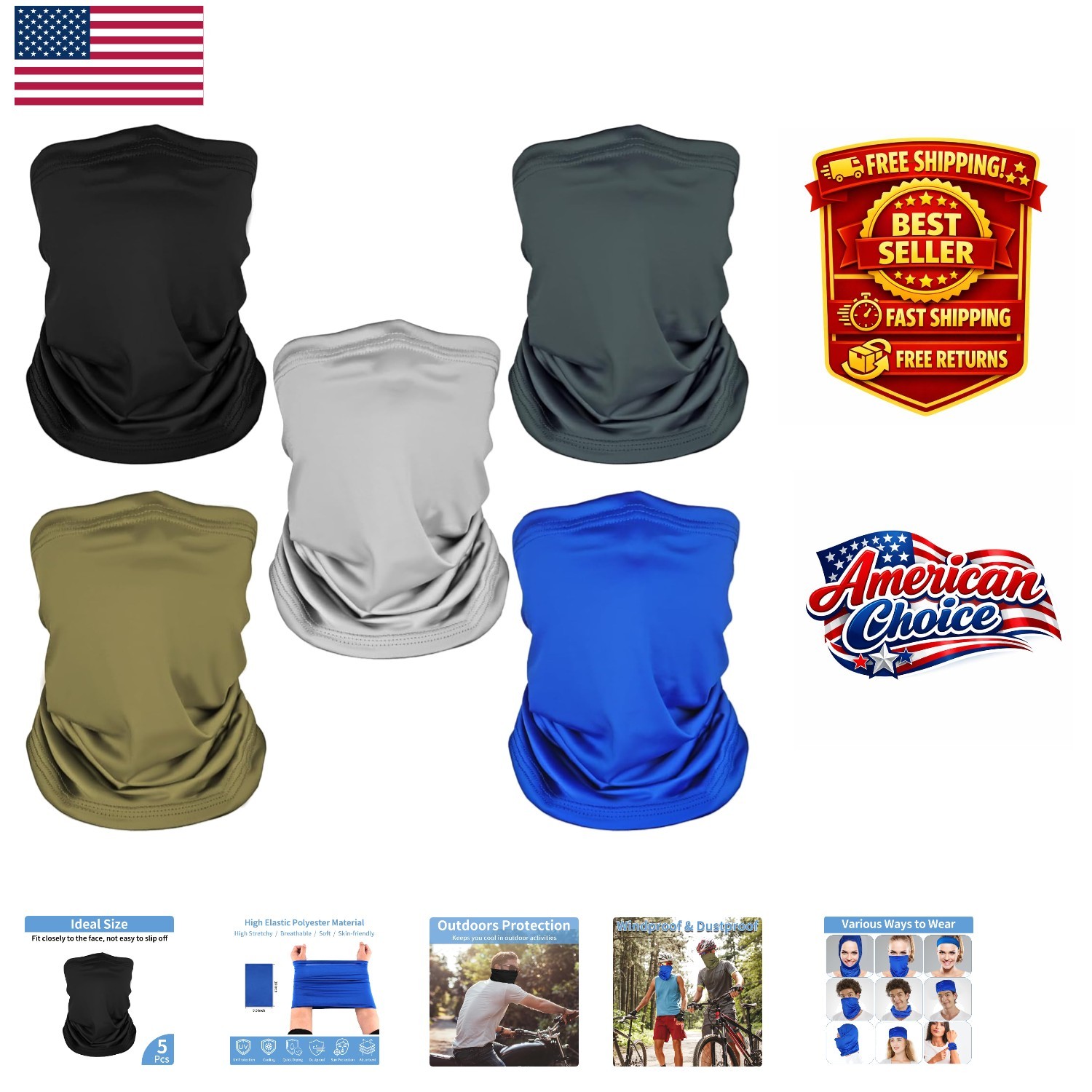 5 Pack UV Protection Breathable Neck Gaiters for Men & Women - Outdoor Essential