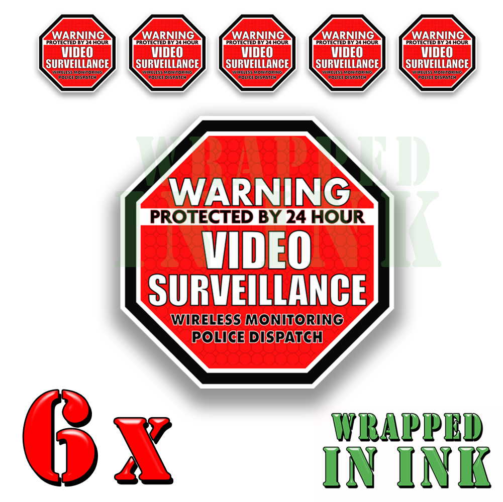 Warning 24 hour Video Surveillance Security Stickers RED OCT. Decal 6 PACK 3"