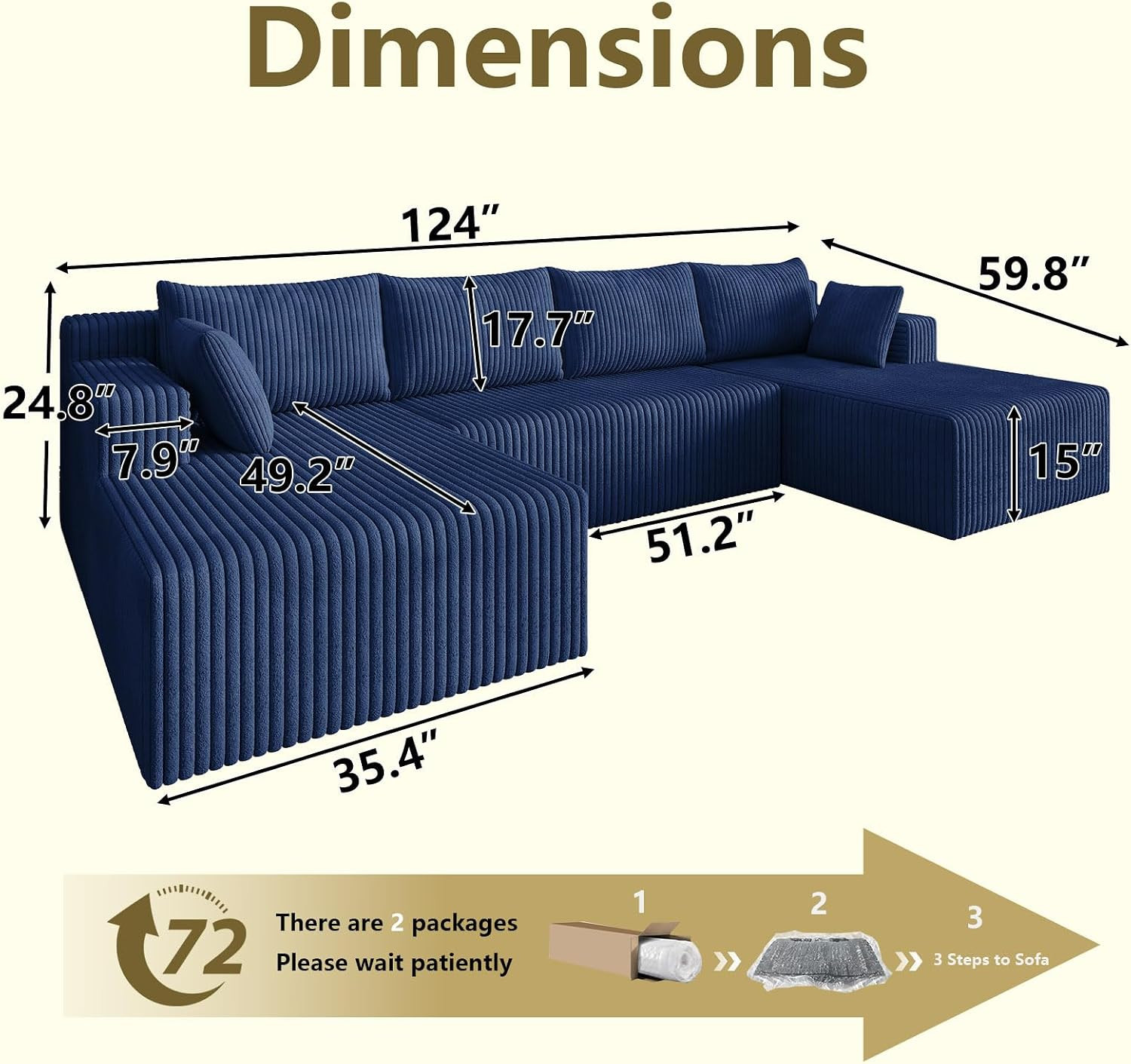 124" Boneless Sectional Sofa, U Shaped Corner Couch, Upholstered Corduroy Modula