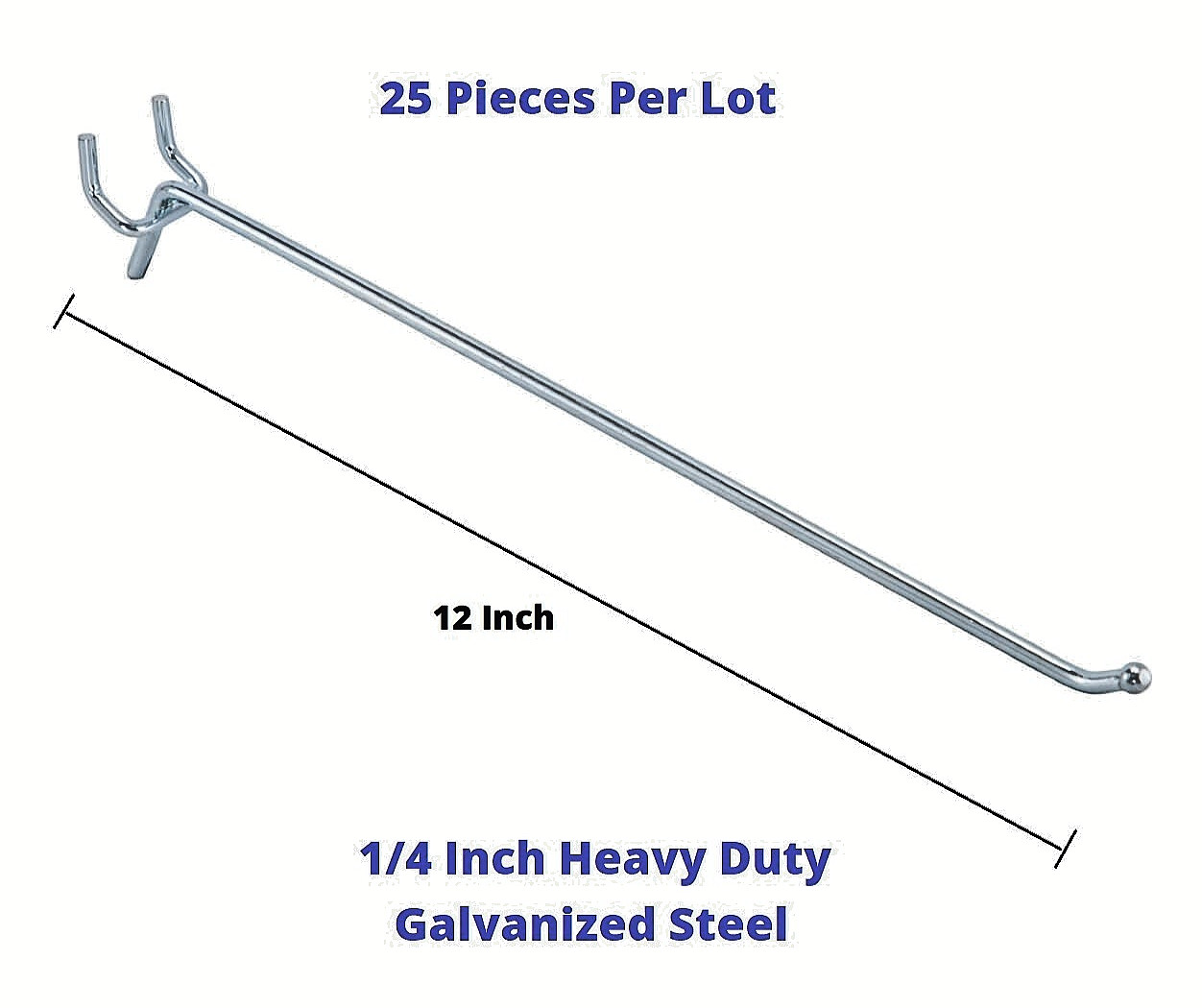 Pegboard Hangrods 12" 25PC, 1/4" Heavy Duty Peg Board Hooks Galvanized Steel New