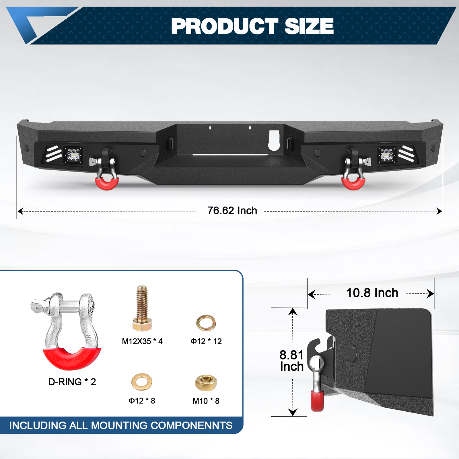 Rear Bumper For Nissan Titan&XD 2016-2024 w/ Sensor Holes & LED lights & D-Rings