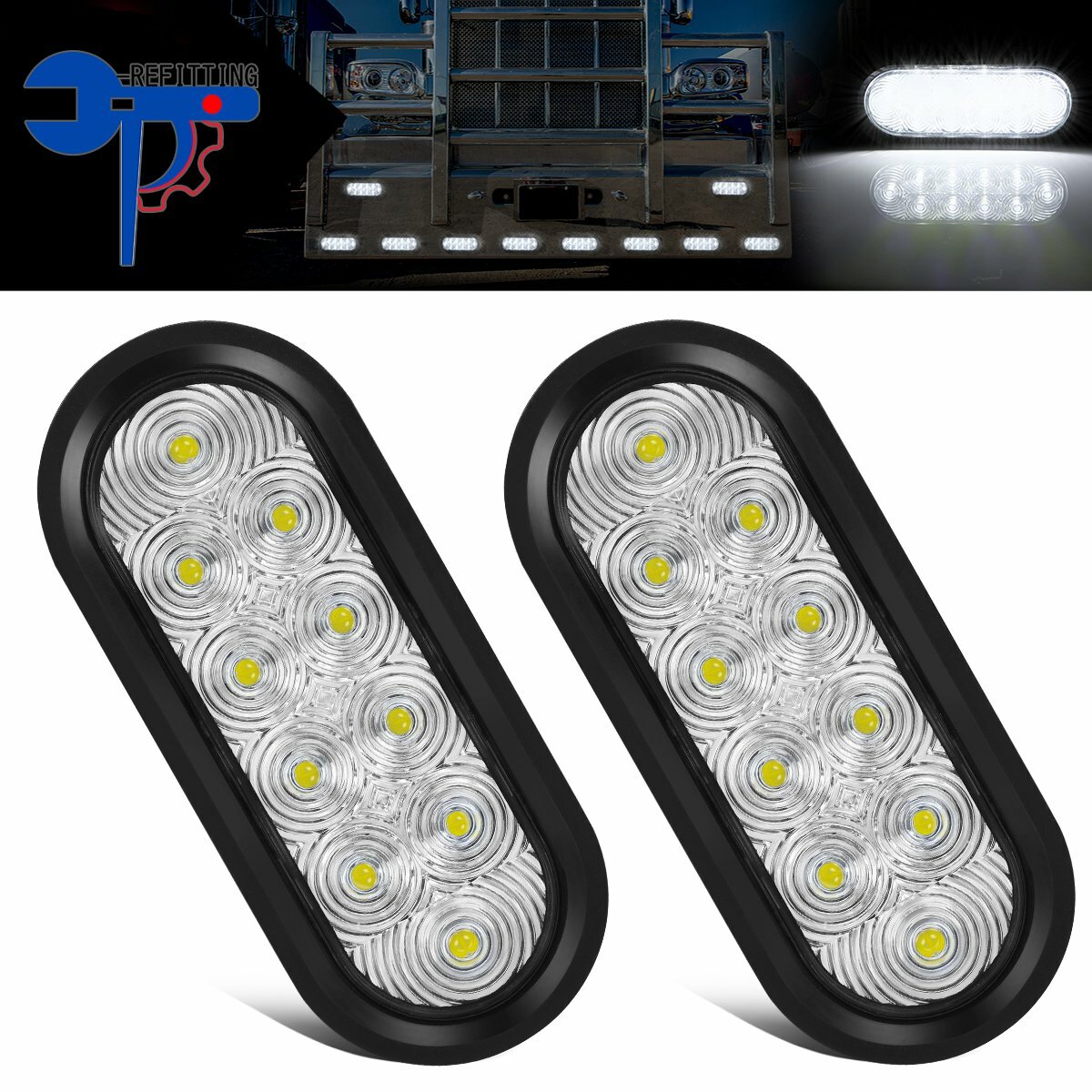 2pcs 6" Trailer Truck 10 LED Sealed Clear/White Oval Stop Turn Brake Tail Light