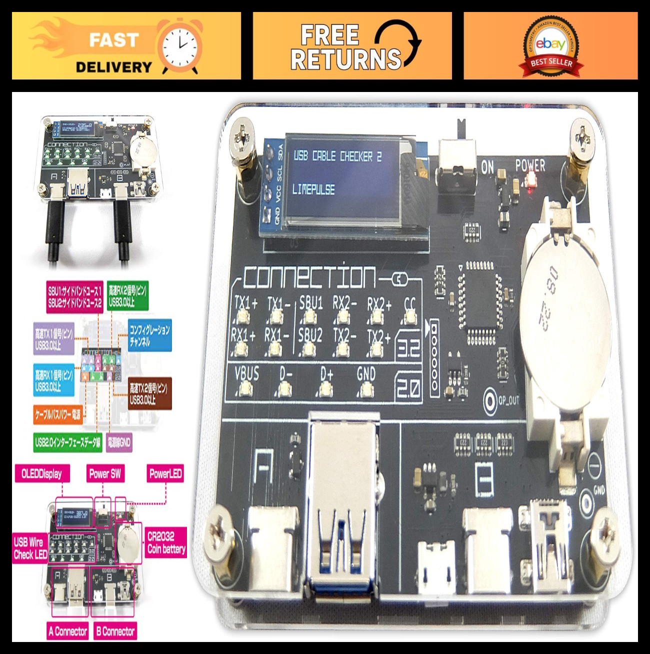 USB Cable Tester Tool - Digital USB Checker for MiniB, MicroB, Type-C Cables