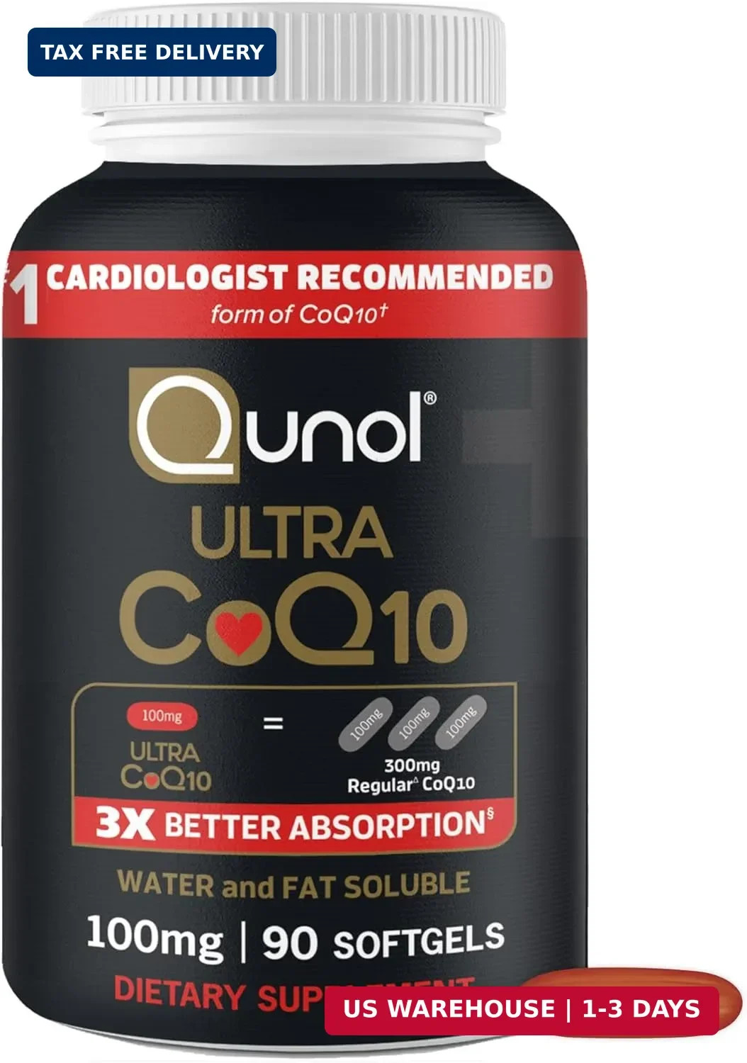 Qunol Ultra CoQ10 100mg Softgels- 3x Better Absorption, Antioxidant for Heart He