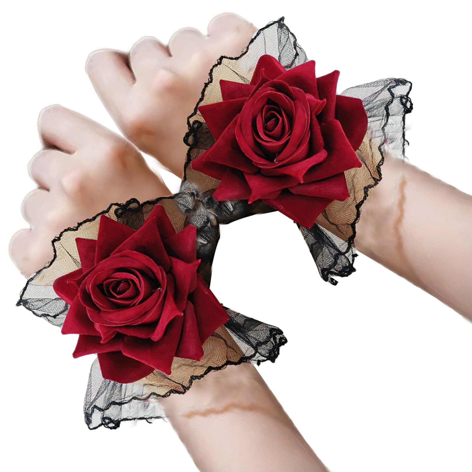 BASEMMAHER Lolita Rose Lace Gloves Gothic Short Hand Sleeve Small, Black Red