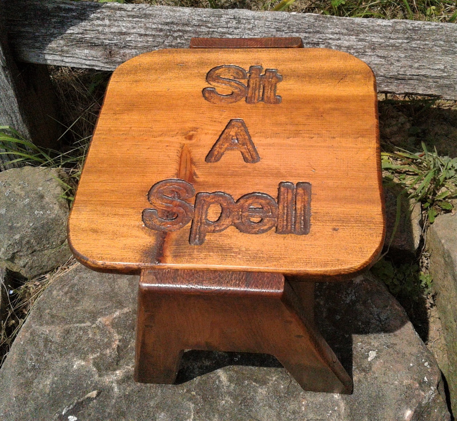 Vintage Wood Foot Stool or Childs Seat Motto Sit A Spell by Debi 1960s