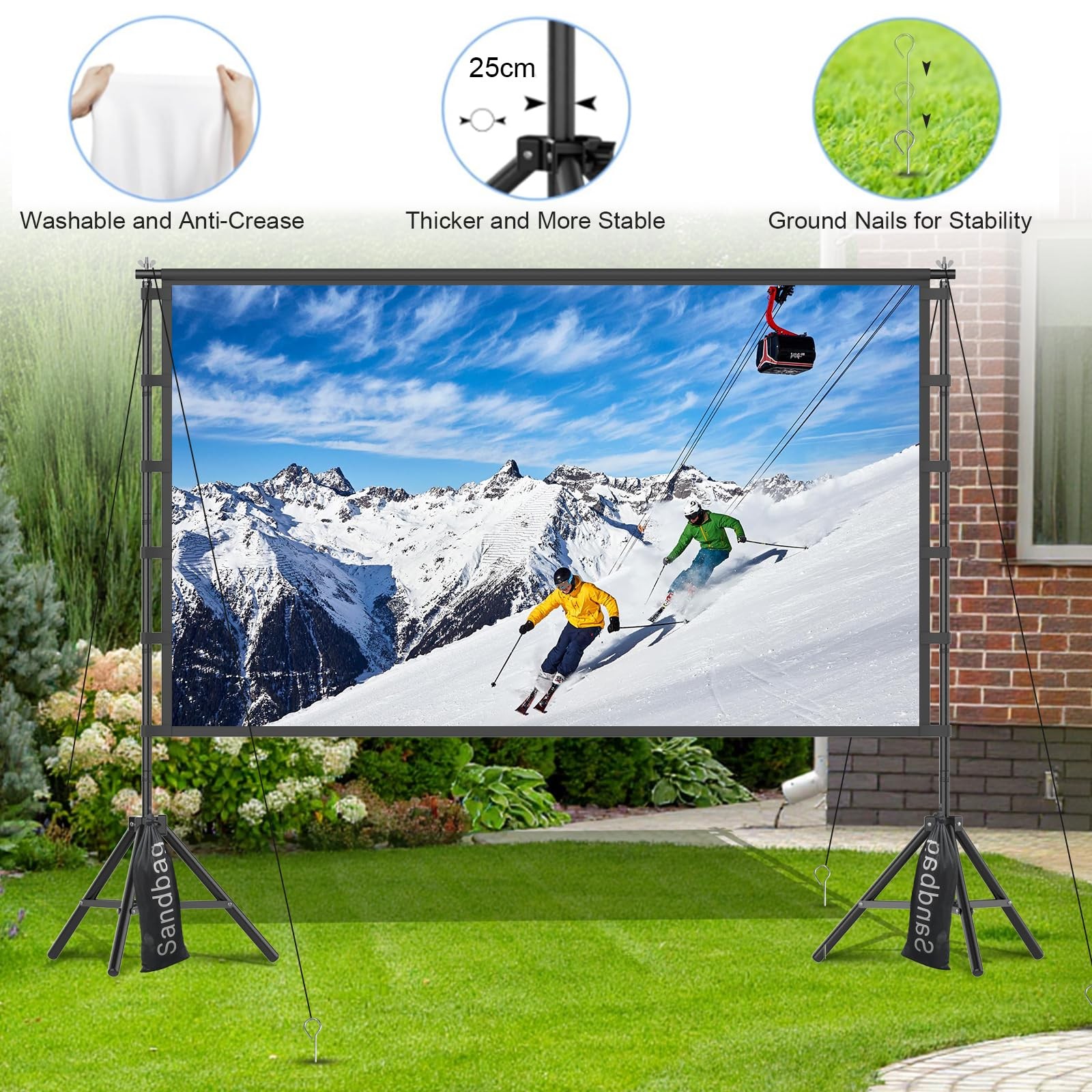 120 Inch Outdoor Projector Screen with Stand, 25mm Threaded Frame