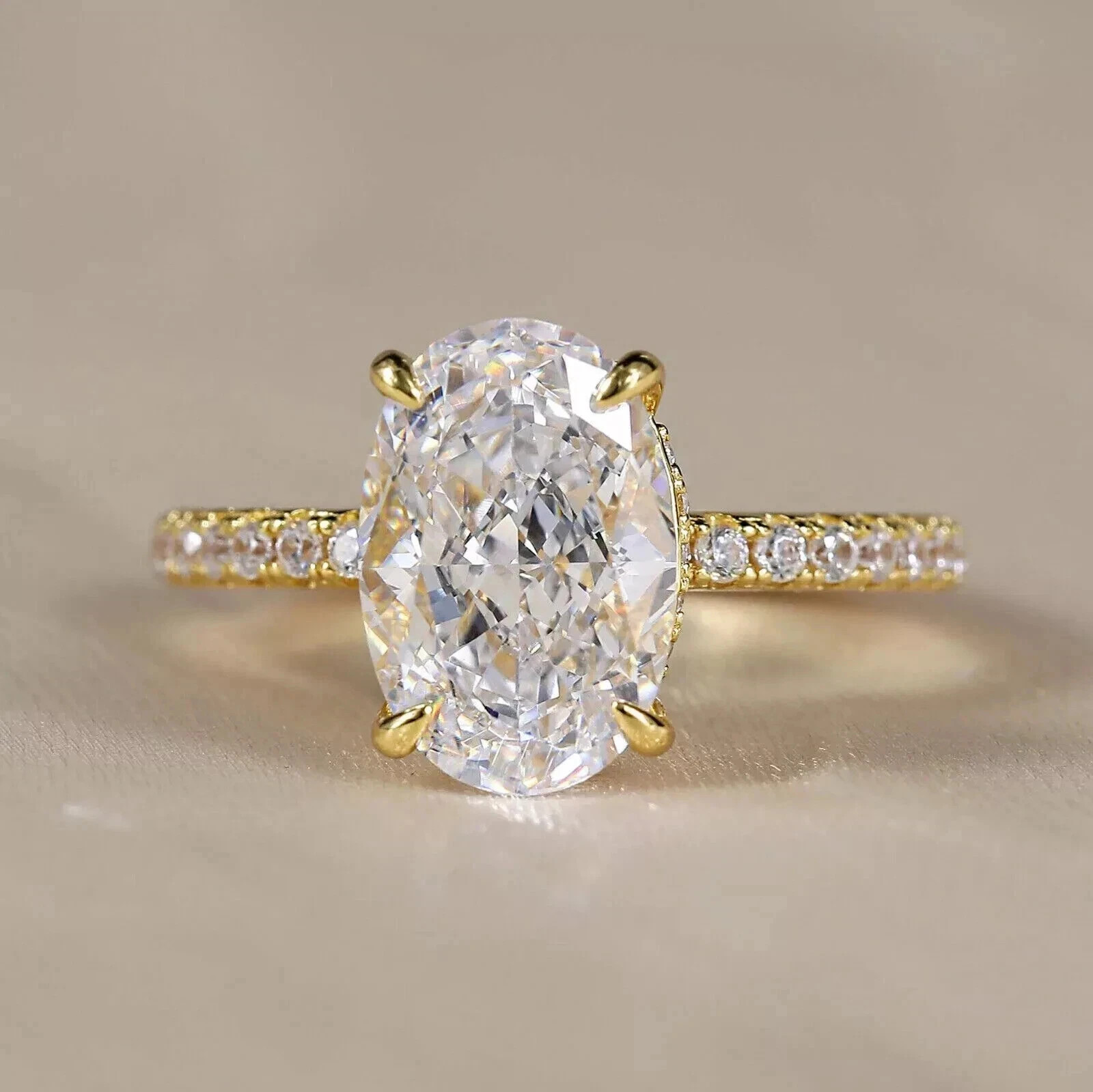 Oval Cut 3.20 Ct White Moissanite Prong Wedding Ring 14K Yellow Gold Finish