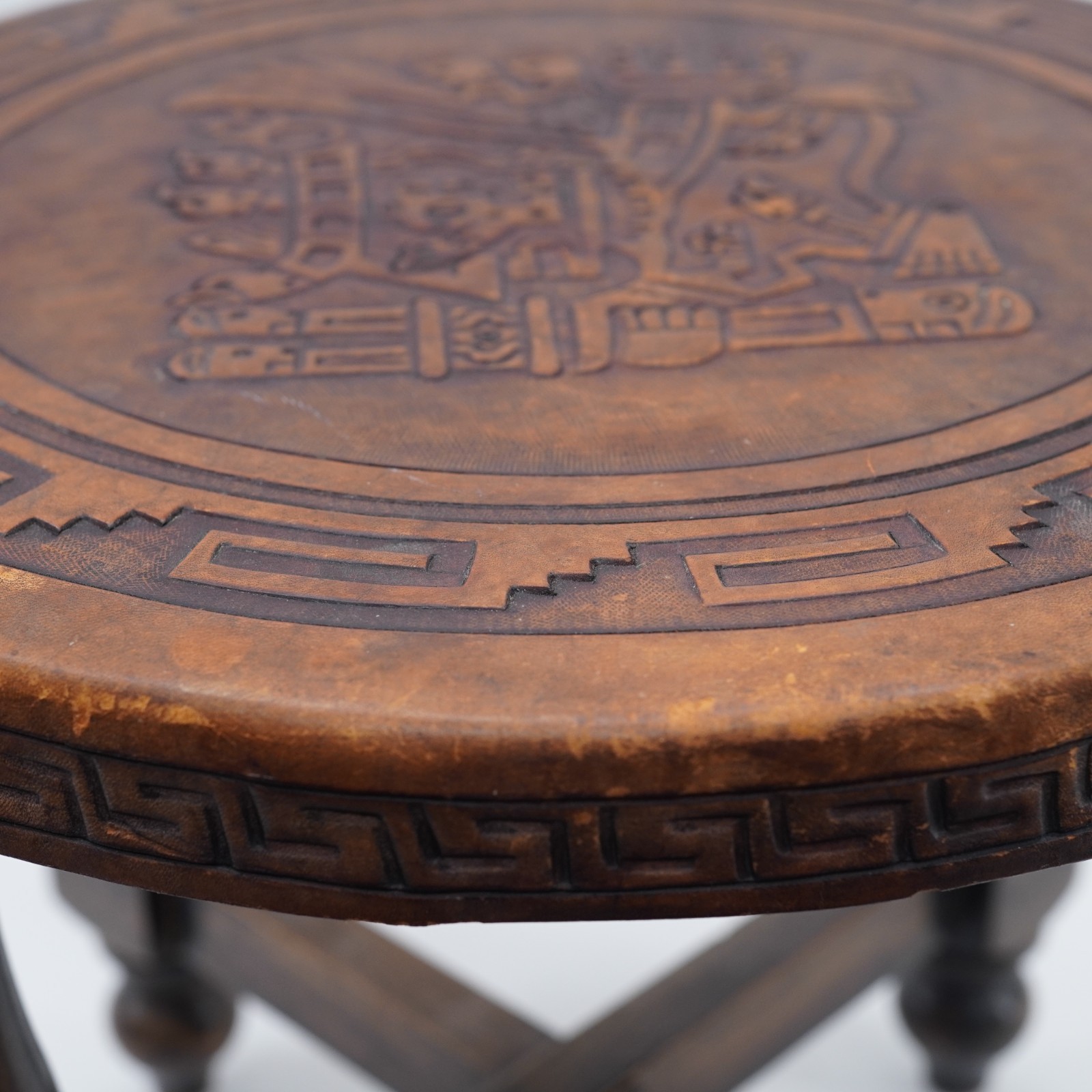 Hand Tooled Leather Top Wooden Stool Ottoman Ethnic Peru Mayan Aztec Warrior