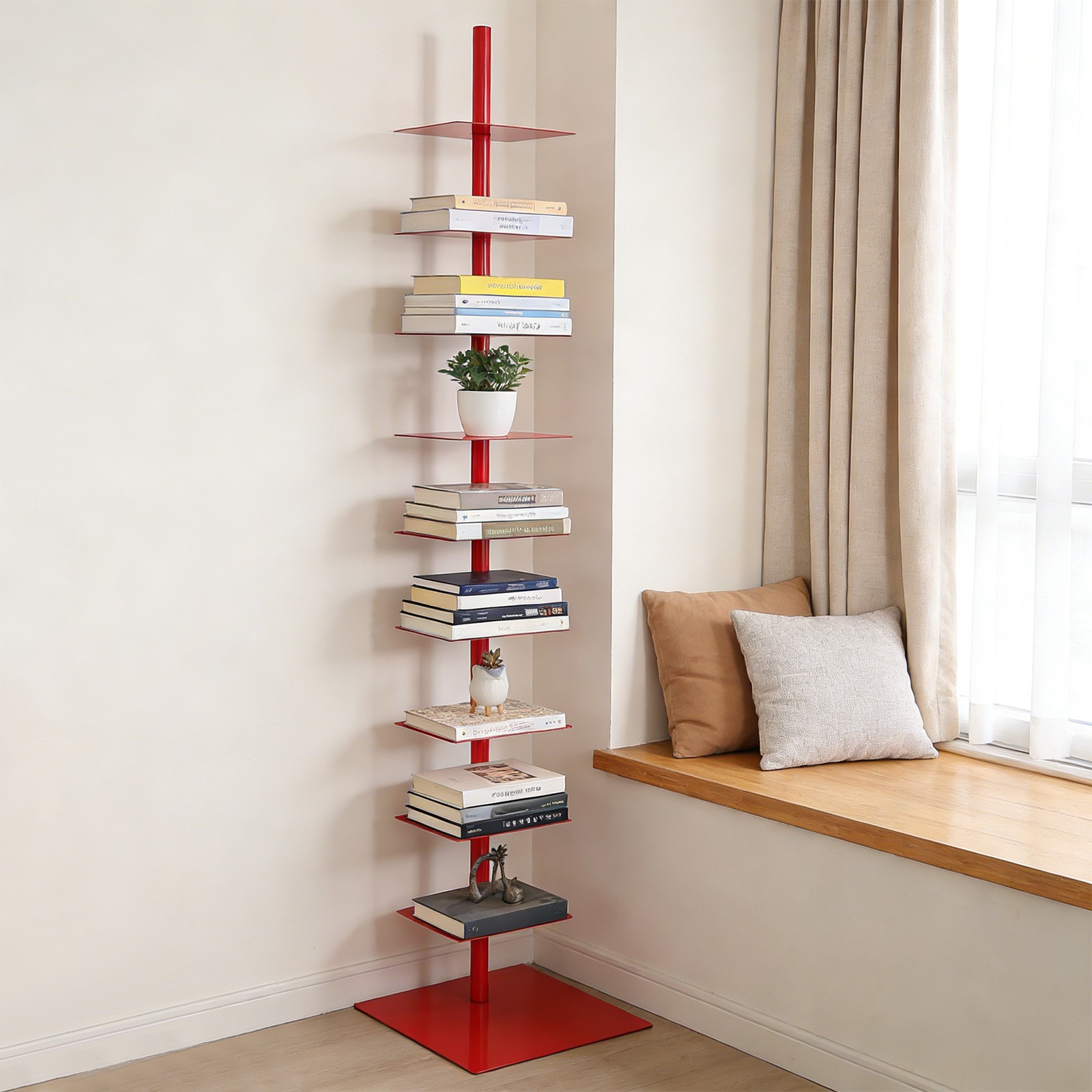 Red Metal Spine Bookshelf,9-Tier Vertical Bookshelf,Rotatable Vertical Bookshelf