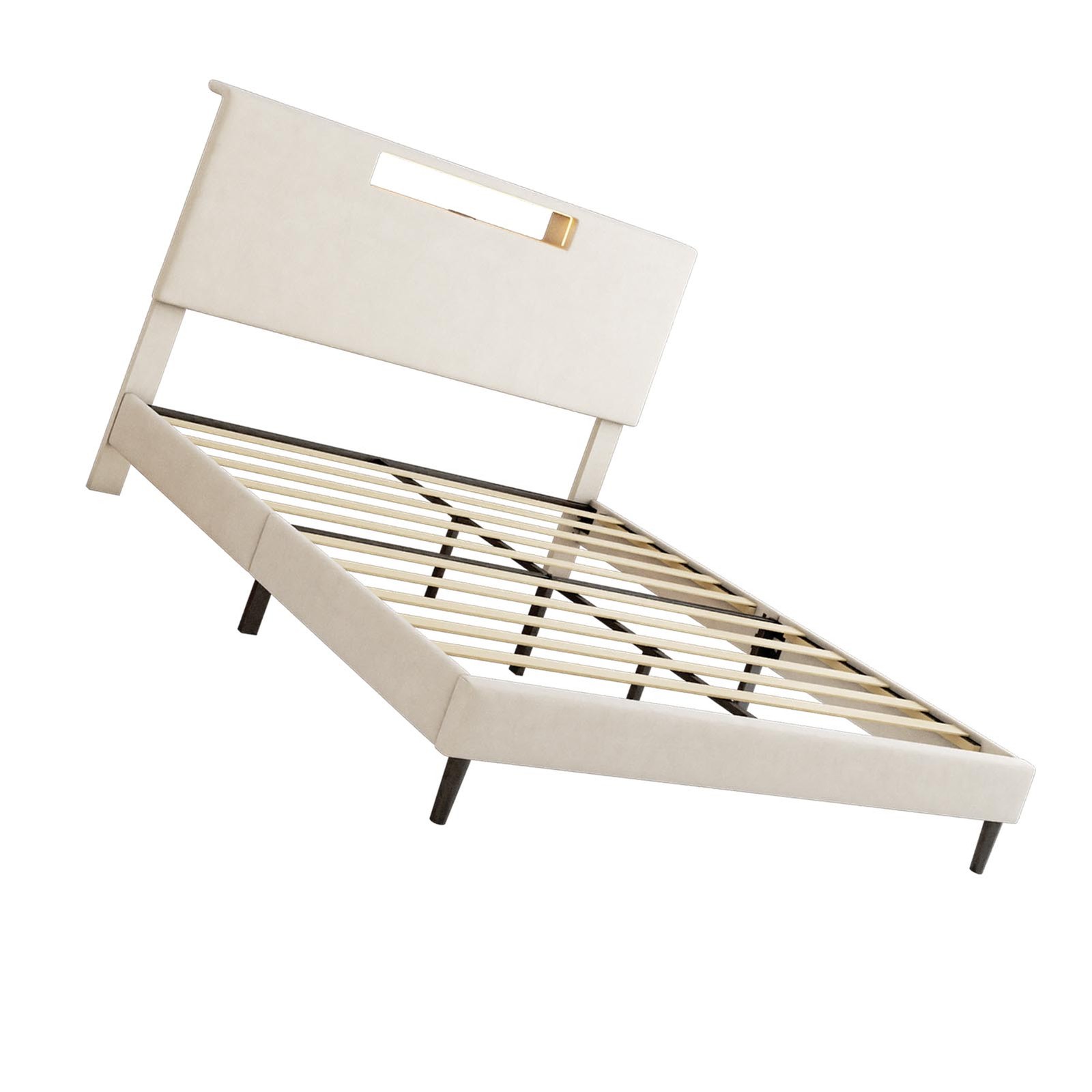 Upholstered Platform Bed Large Size Frame With LED Light And Charging Function