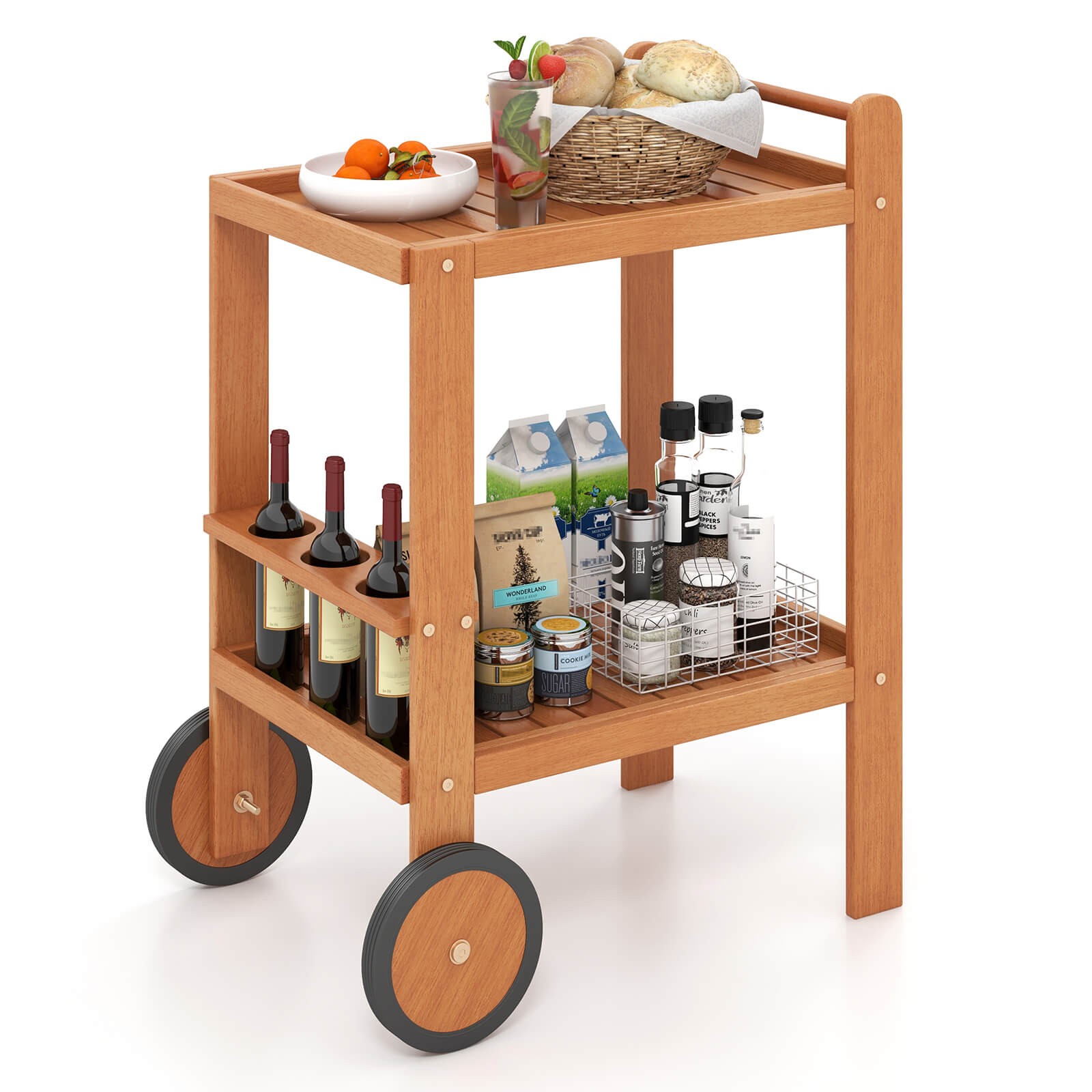 2-Tier Indoor/Outdoor Wood Bar Cart with Wine Bottle Holders and 2 Rubber Wheels