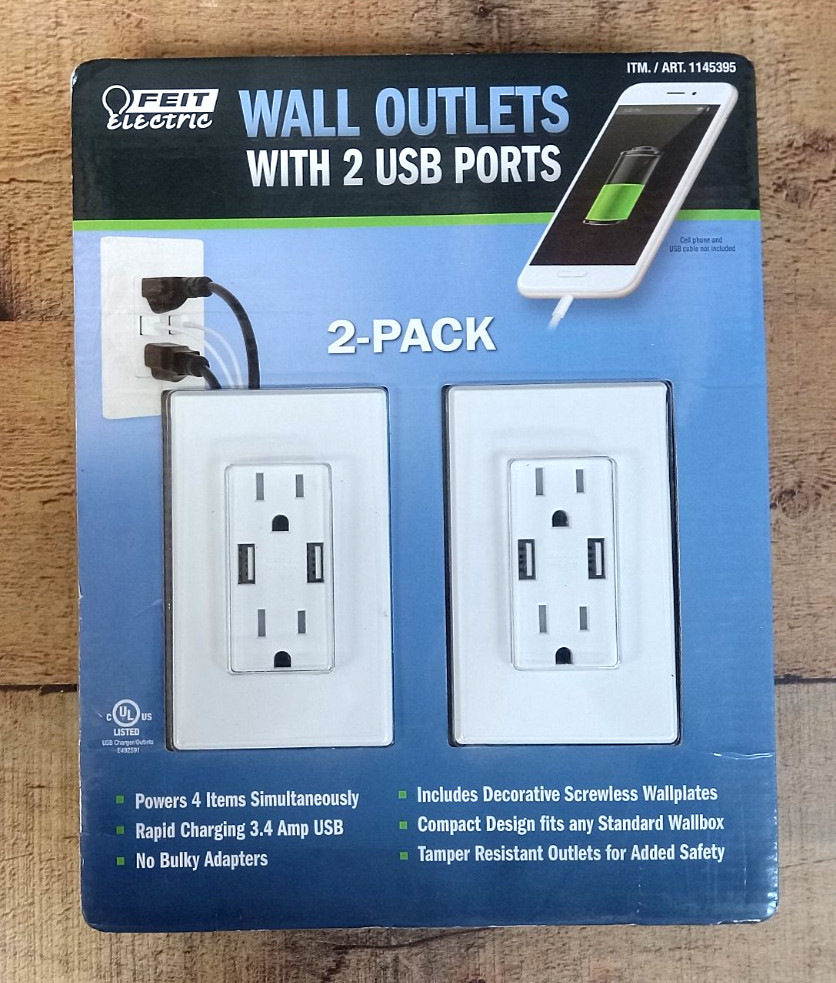 2 PACK - Feit Electric Wall Outlets With 2 USB Ports - Rapid Charging