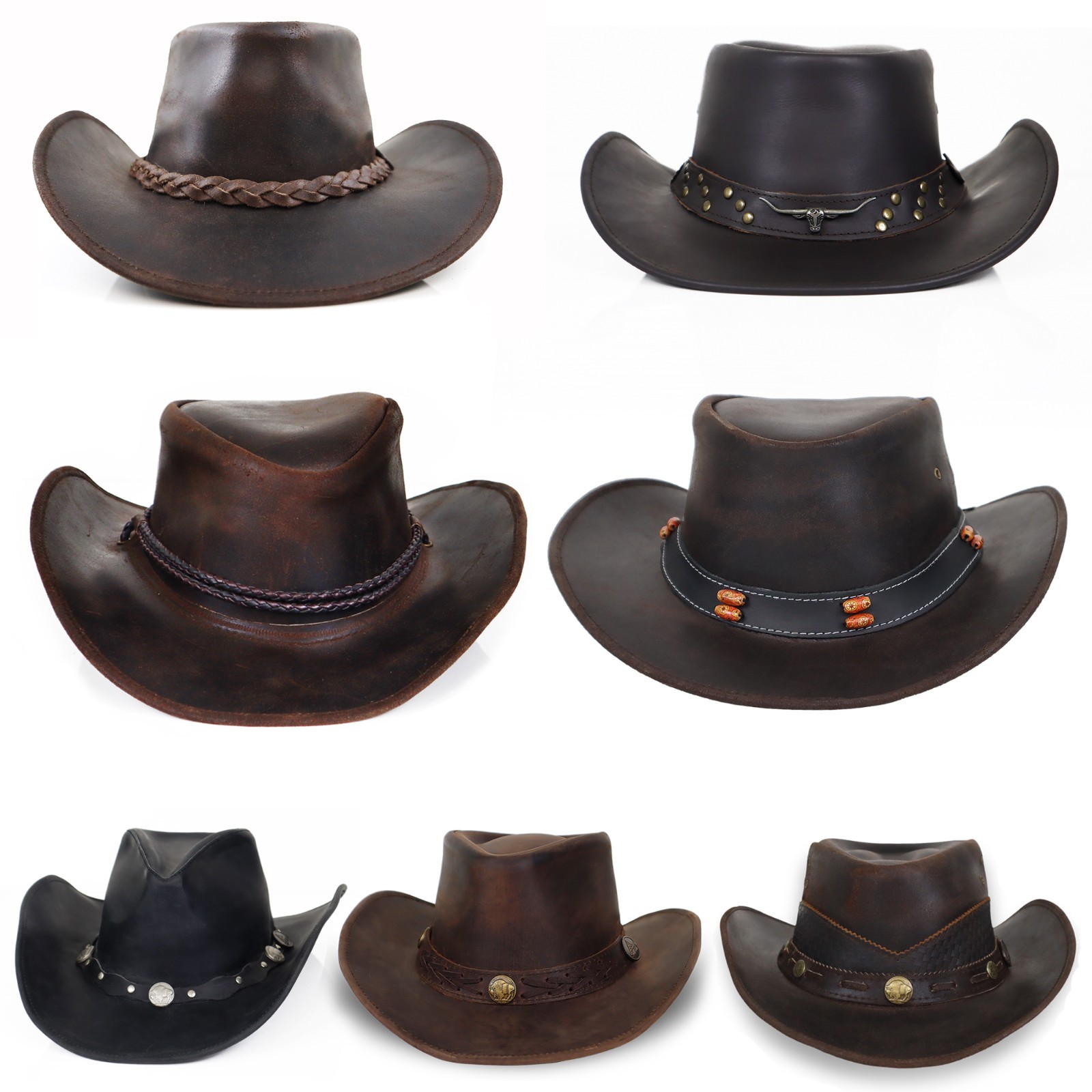 Black Brown Genuine Leather Cowboy Hat Western Outback Vintage Style Men Women