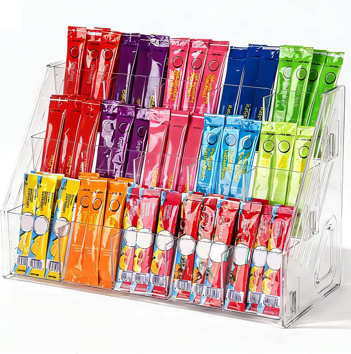 3 Tier Drink Packet Organizer, Acrylic Water Flavor Packet Holder with 15