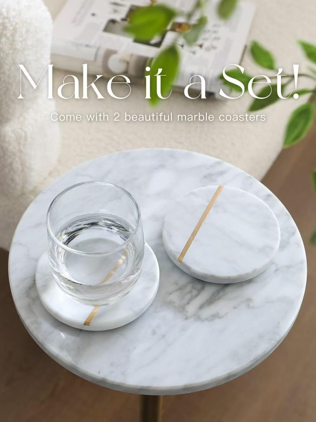 Adjustable 10" White Marble Drink Table with 2 Coasters, Antique Brass⁠ | Adjust