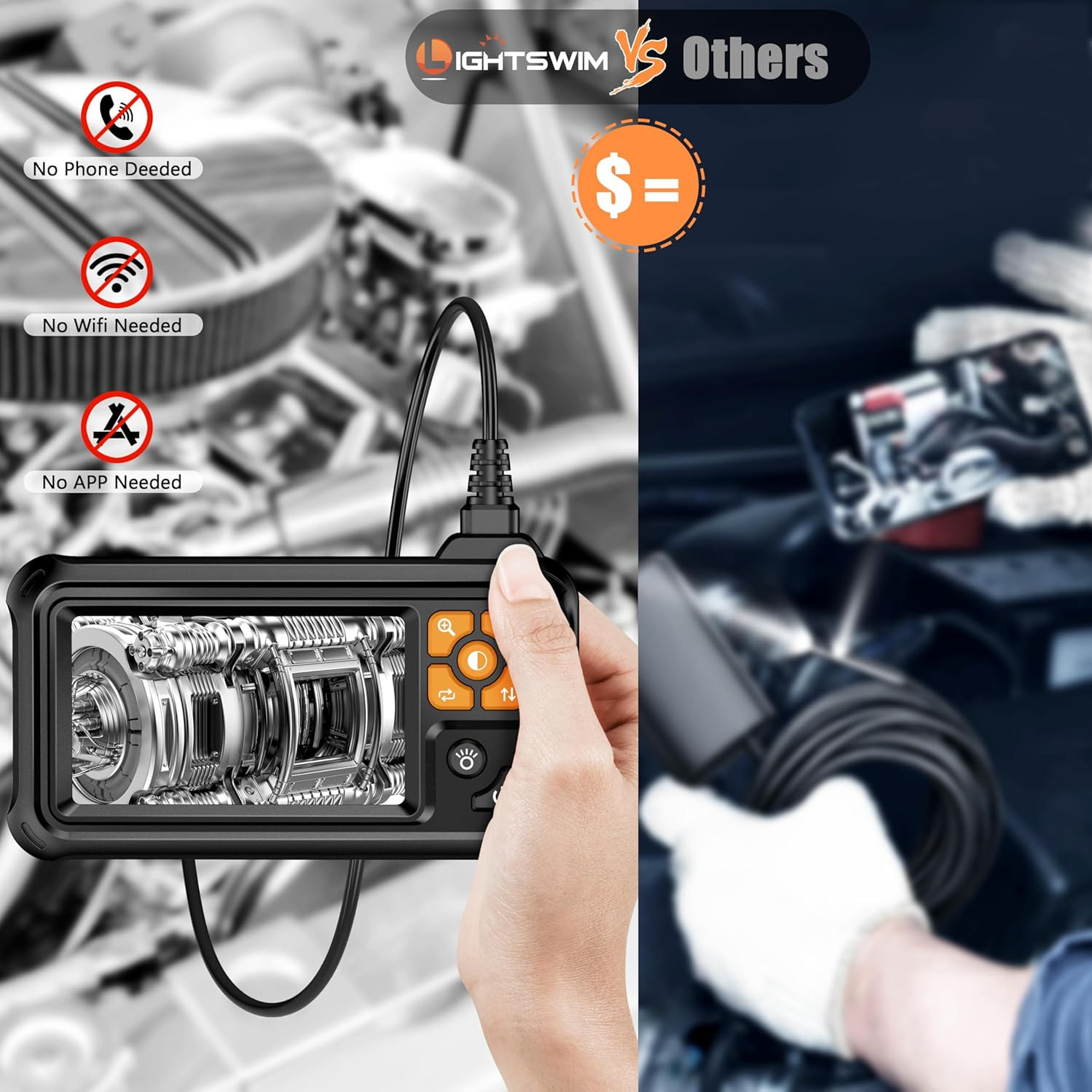 Industrial HD Digital Borescope, 1080P 4.3" IPS Endoscope Inspection